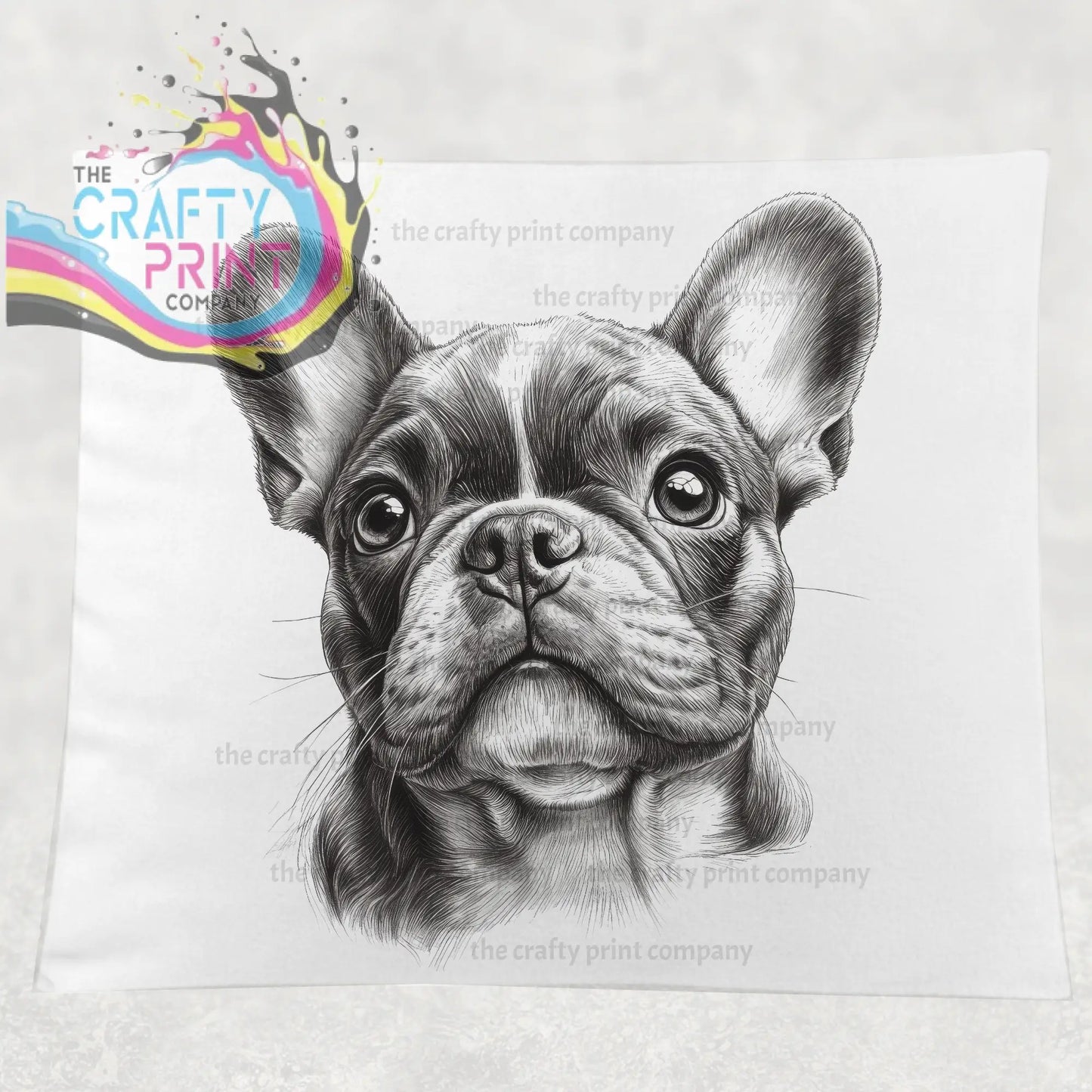 Black and white french bulldog pencil drawing on white fabric cushion cover with detailed face sketch
