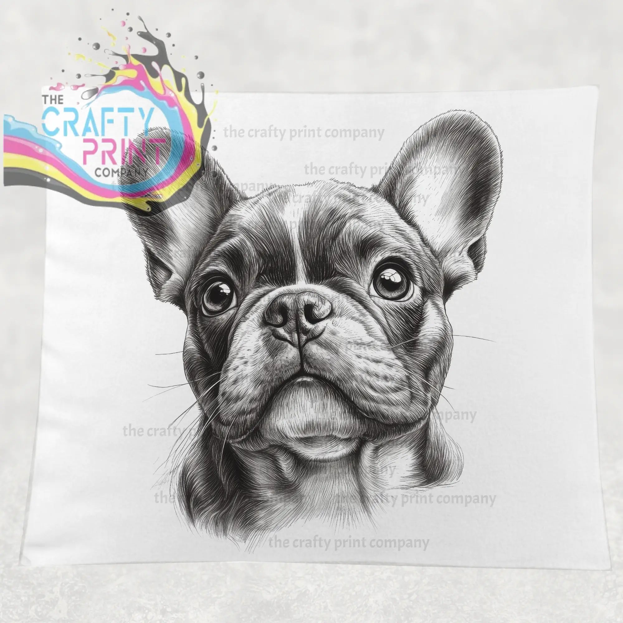 Black and white french bulldog pencil drawing on white fabric cushion cover with detailed face sketch