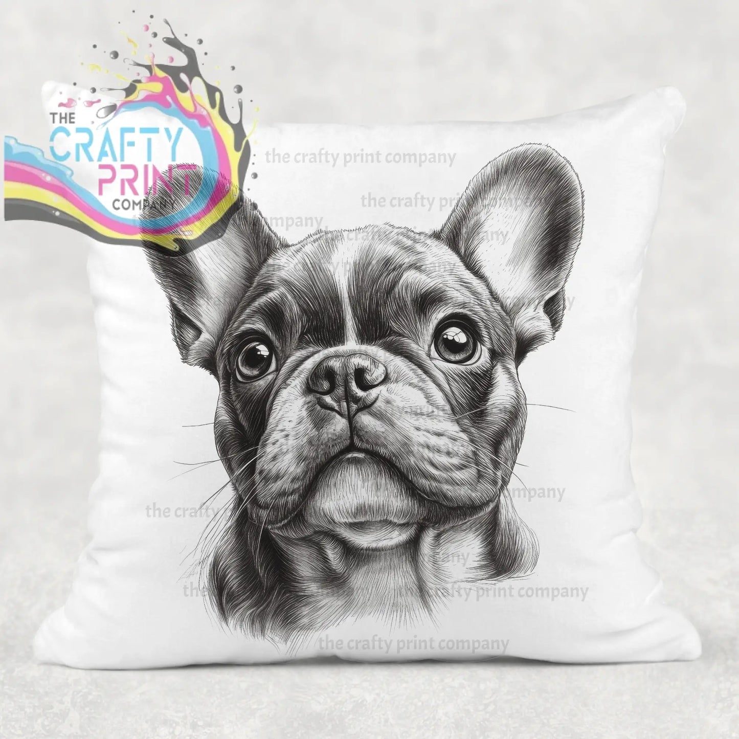 White cushion cover featuring a detailed black and white french bulldog pencil drawing for home decor