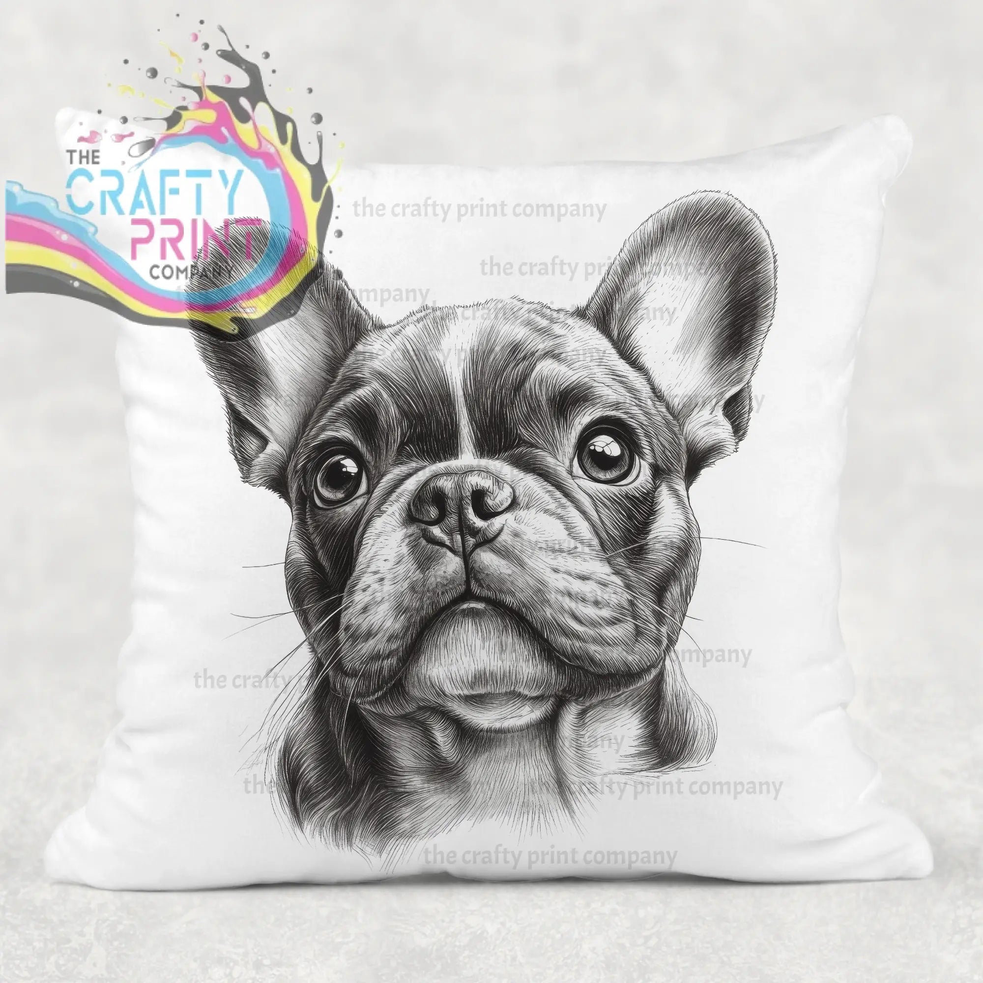 White cushion cover featuring a detailed black and white french bulldog pencil drawing for home decor