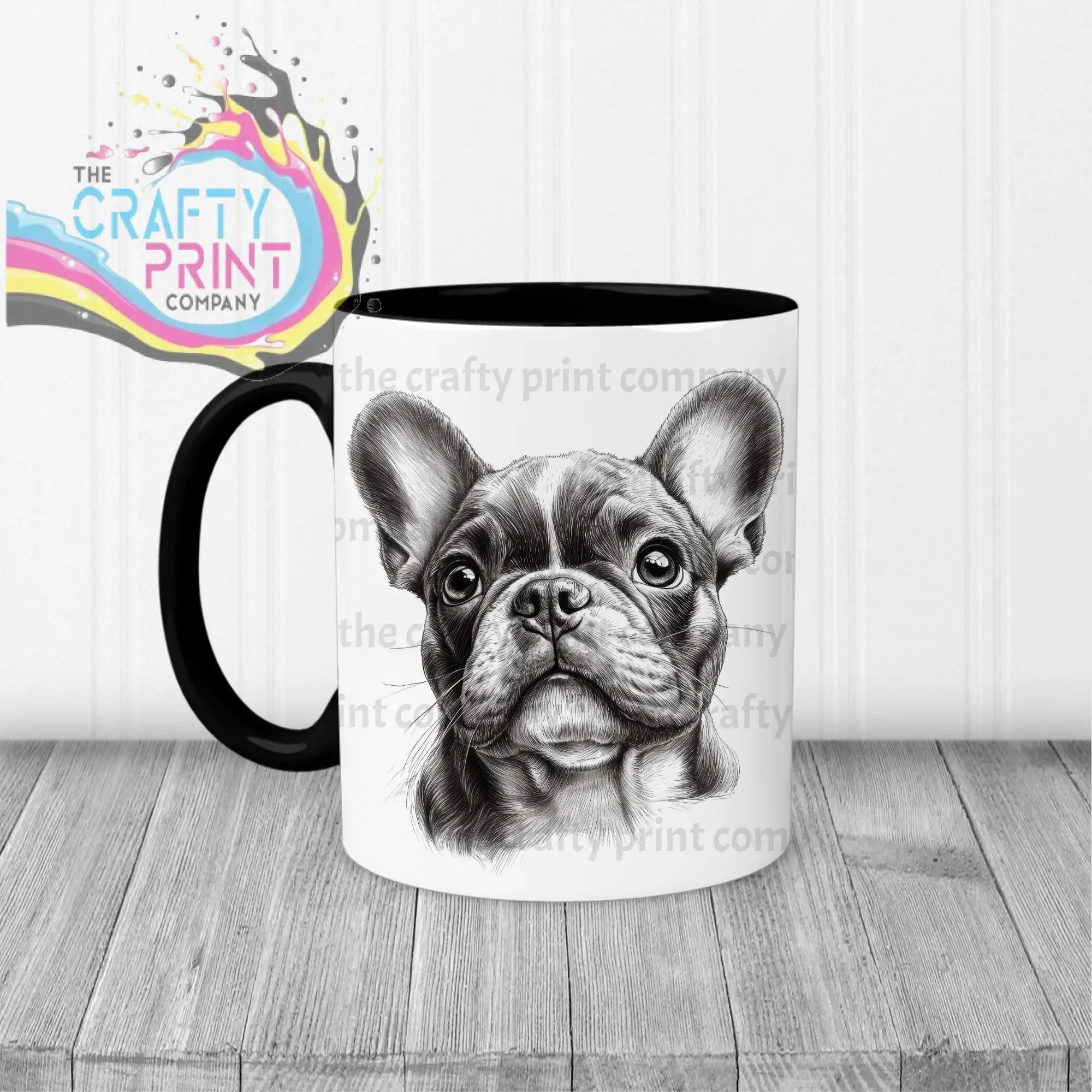 White ceramic french bulldog pencil drawing mug with black handle and interior featuring detailed grayscale french bulldog face