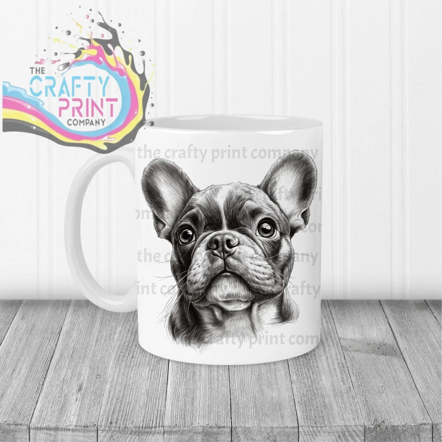 White ceramic mug with a detailed black and white french bulldog pencil drawing on the front side