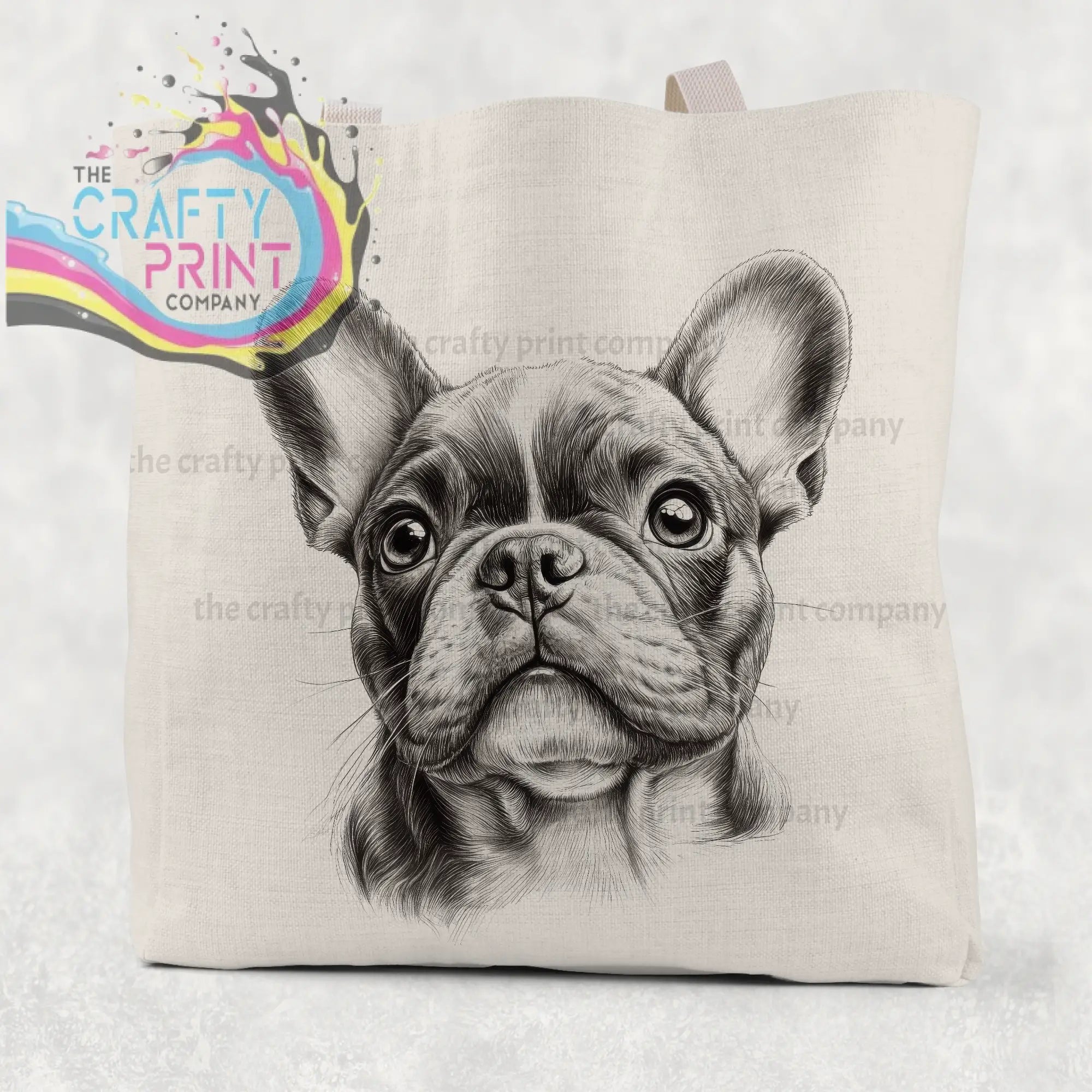 Beige canvas tote bag featuring a detailed french bulldog pencil drawing on the front for reusable use