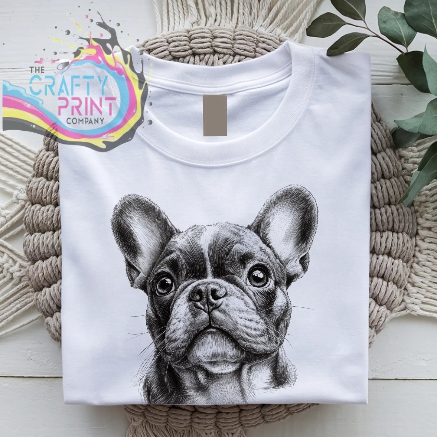 White cotton t-shirt featuring a detailed black-and-white french bulldog pencil drawing perfect as a dog memorial gift