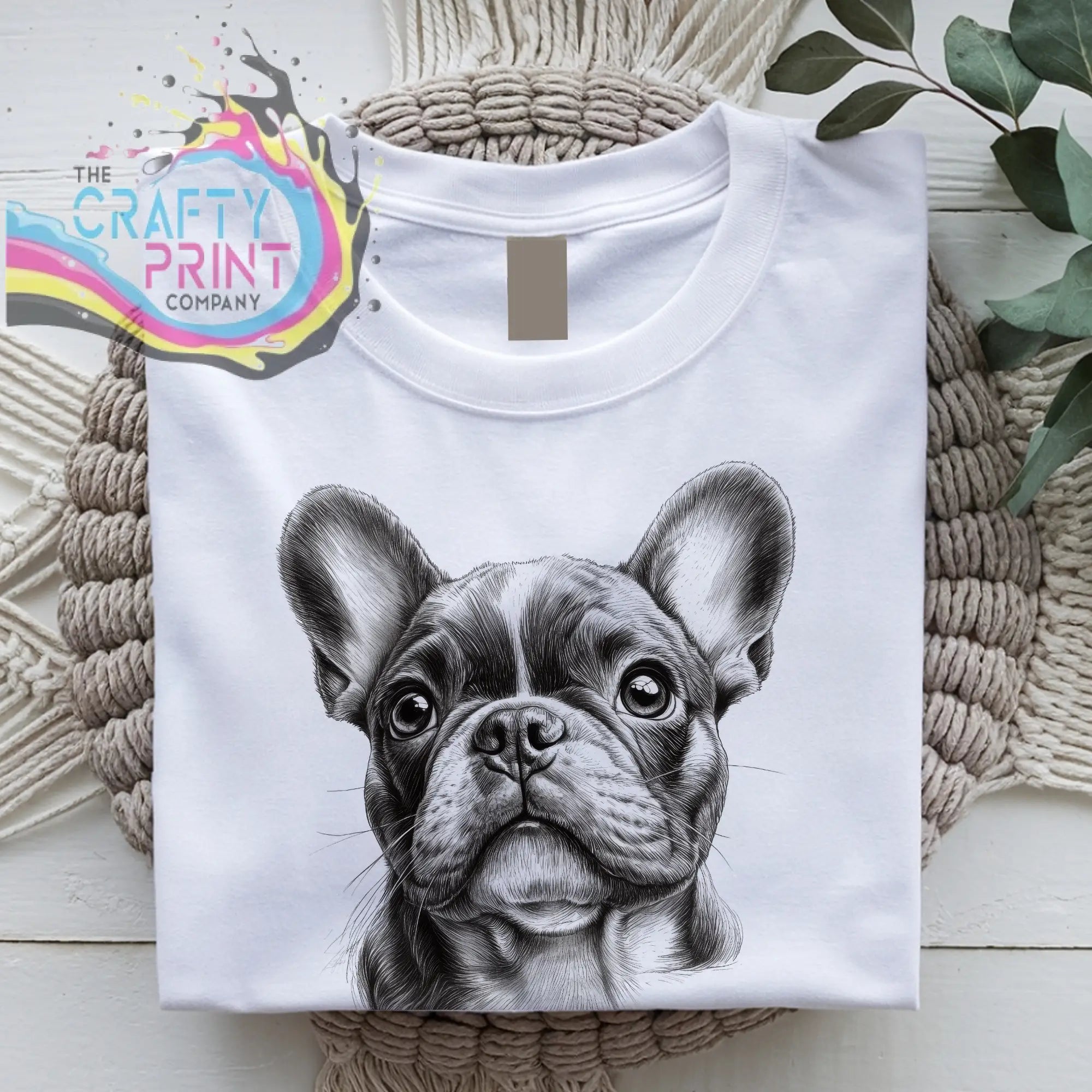 White cotton t-shirt featuring a detailed black-and-white french bulldog pencil drawing perfect as a dog memorial gift