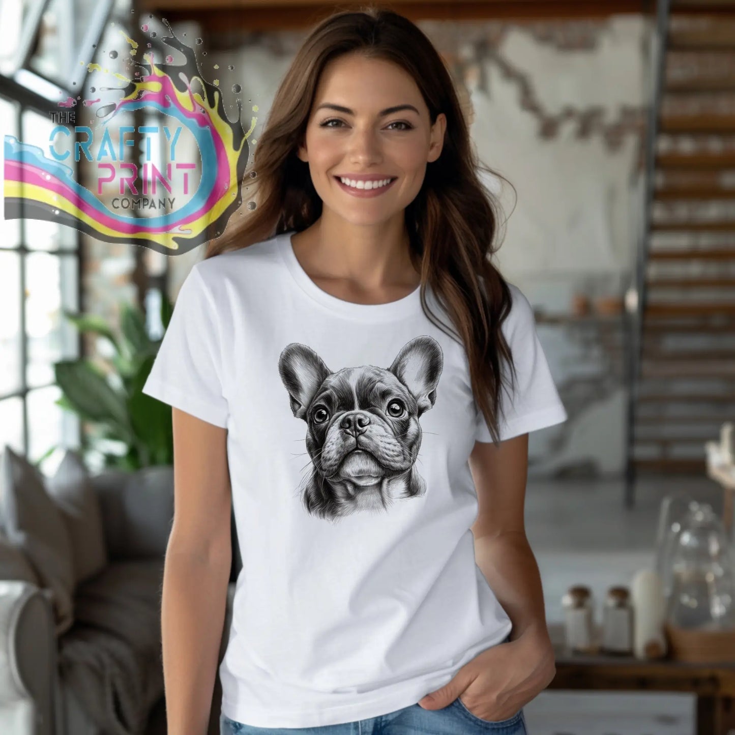 White t-shirt with a detailed black-and-white french bulldog pencil drawing perfect as a dog memorial gift or photo car air freshener accessory