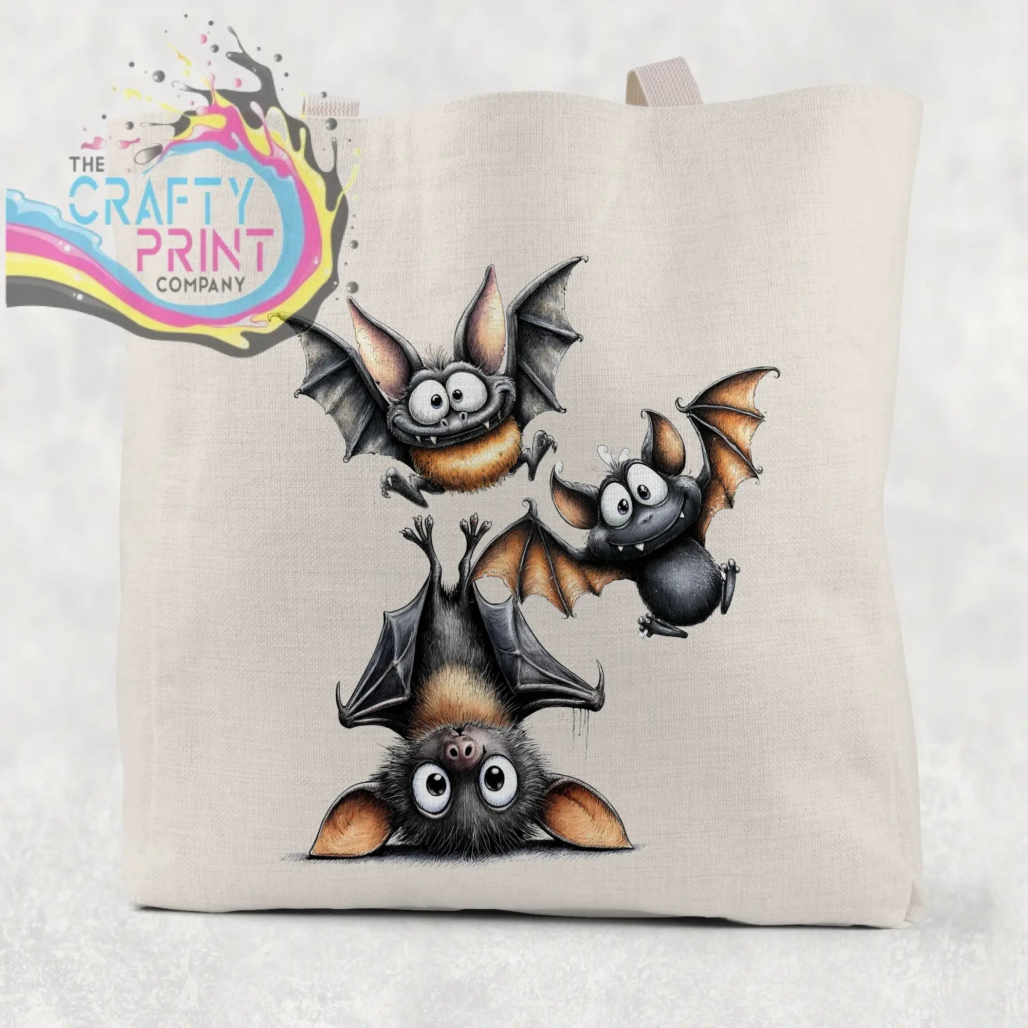 Cream-colored durable polyester tote bag with funny bats cartoon illustration for reusable shopping use