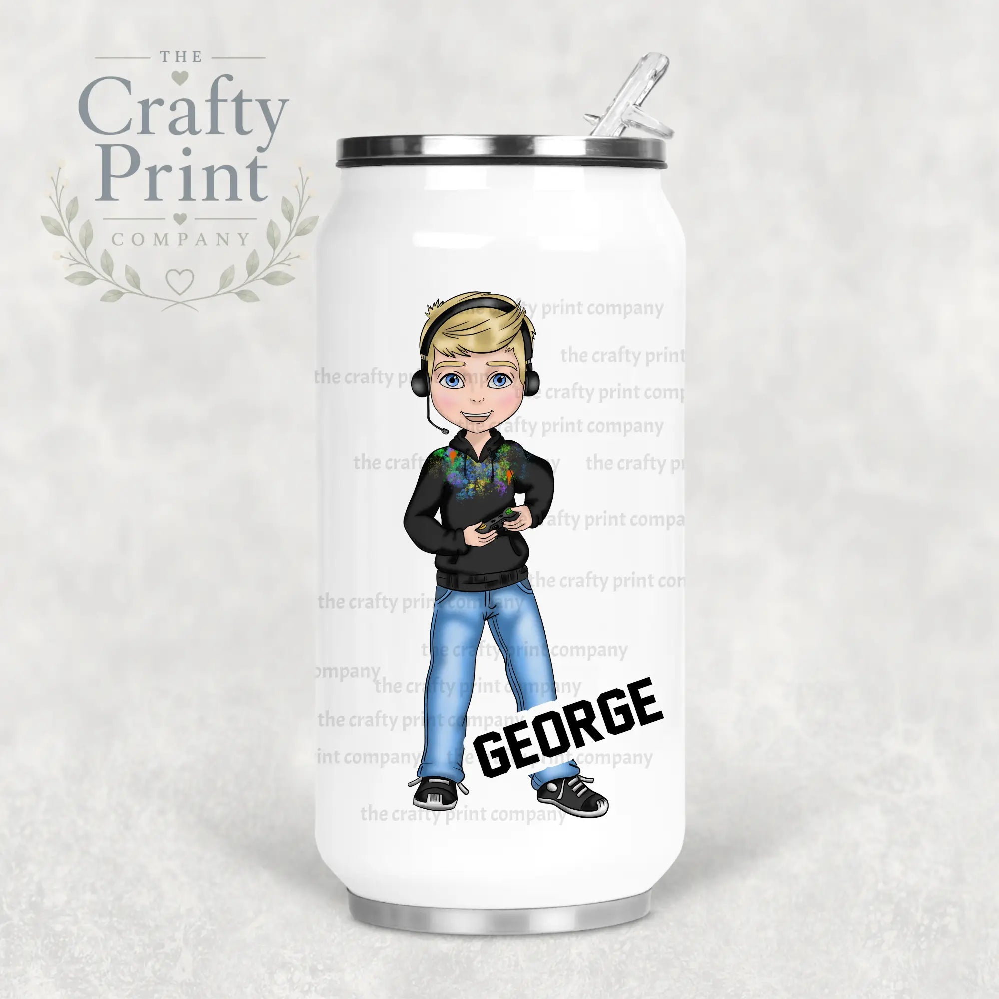 Gamer Boy Black Hoodie Personalised Coke Can Bottle