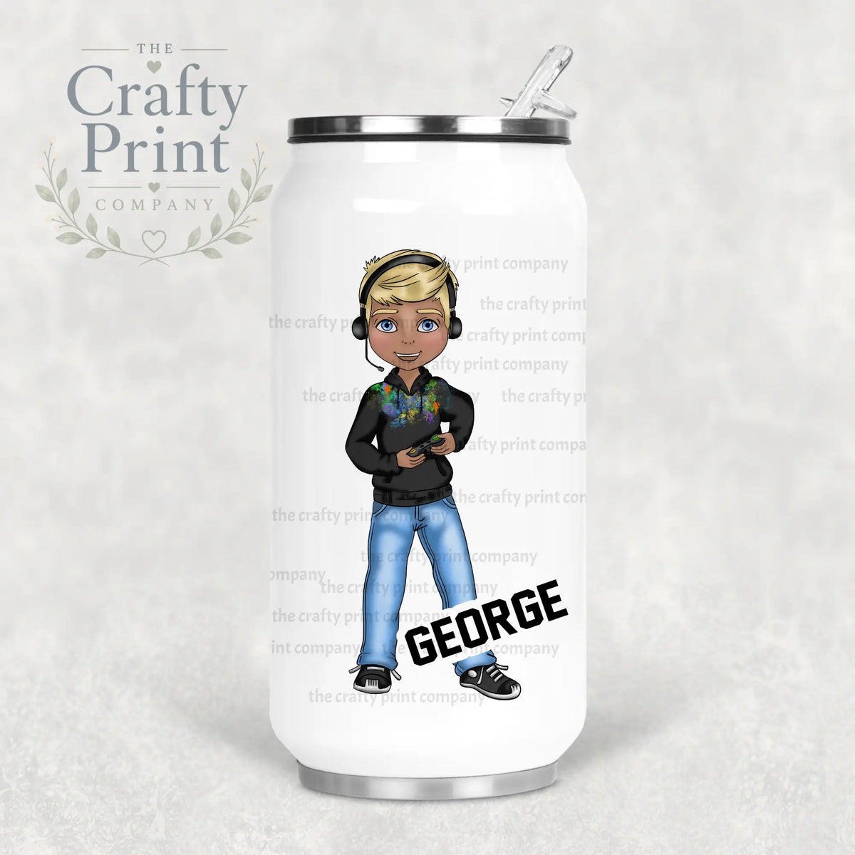 Gamer Boy Black Hoodie Personalised Coke Can Bottle