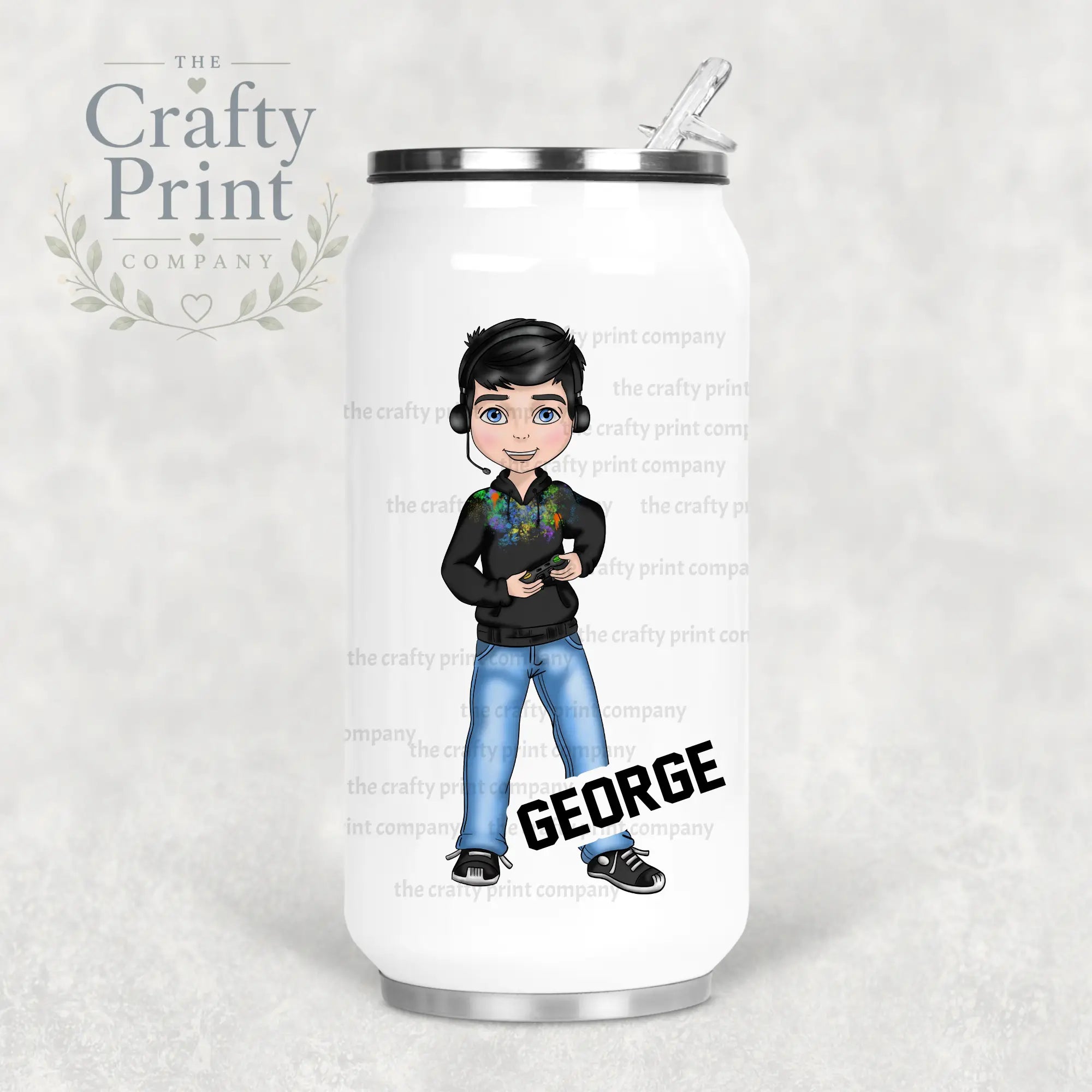 Gamer Boy Black Hoodie Personalised Coke Can Bottle
