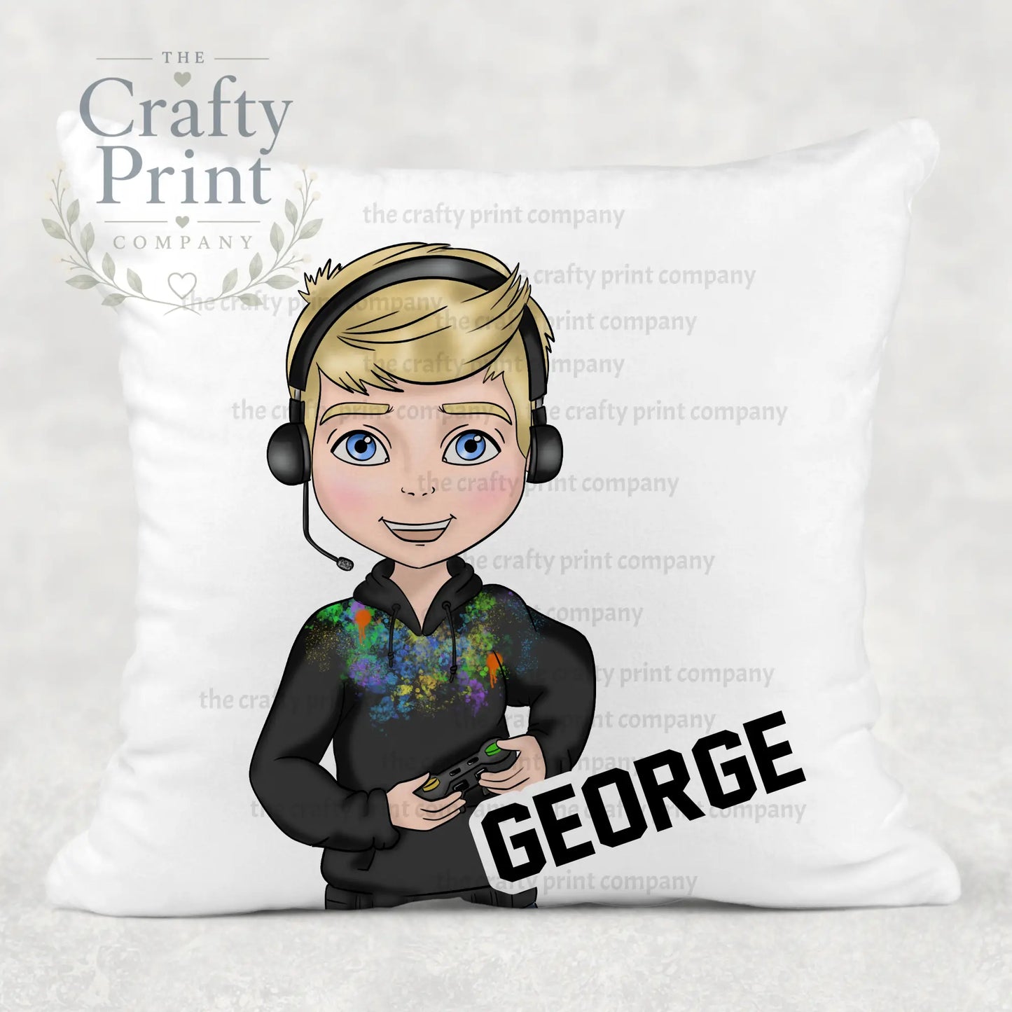 Gamer Boy Black Hoodie Personalised Cushion - Blonde Hair