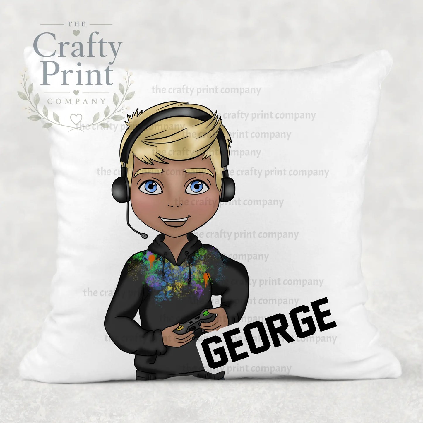 Gamer Boy Black Hoodie Personalised Cushion - Blonde Hair