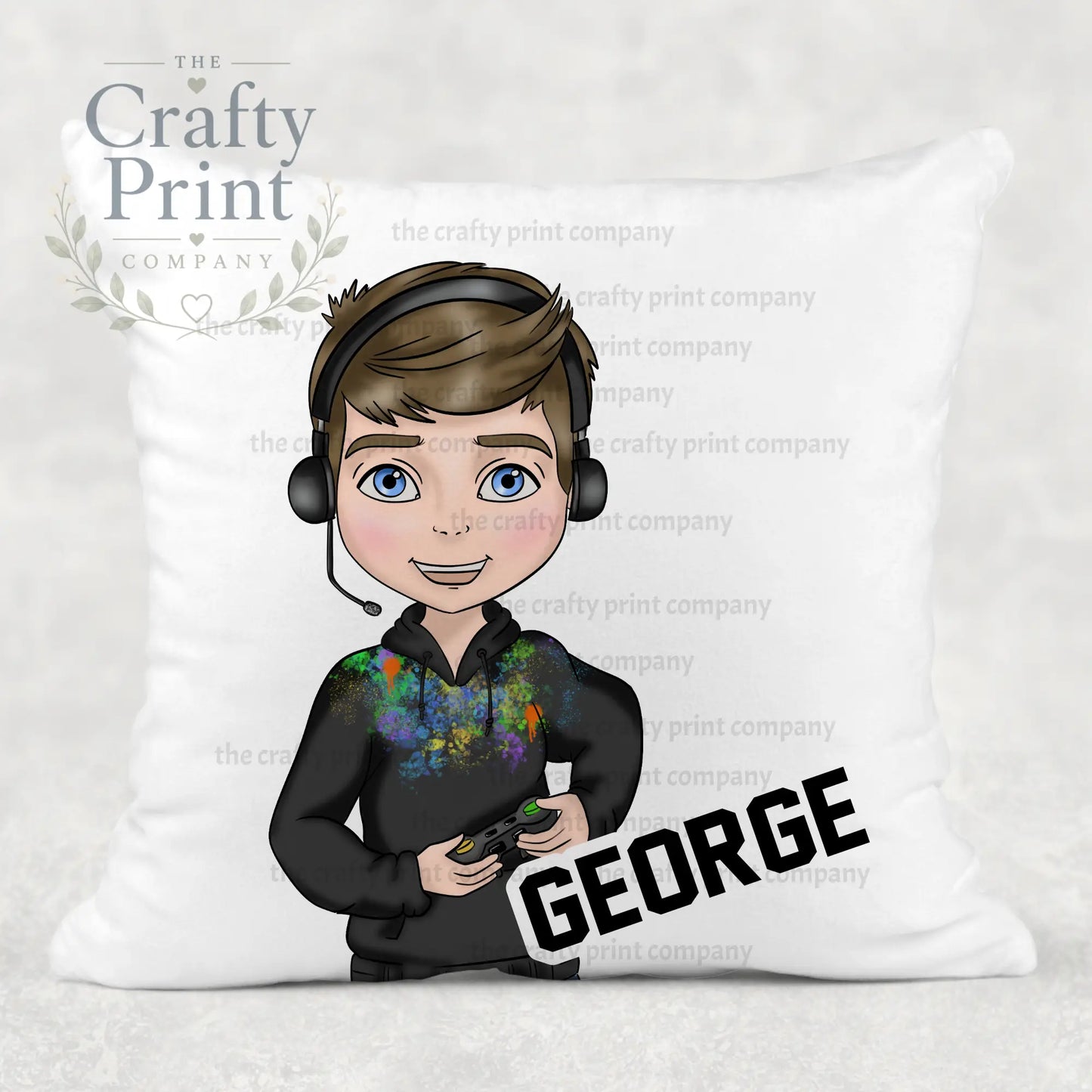 Gamer Boy Black Hoodie Personalised Cushion - Brown Hair