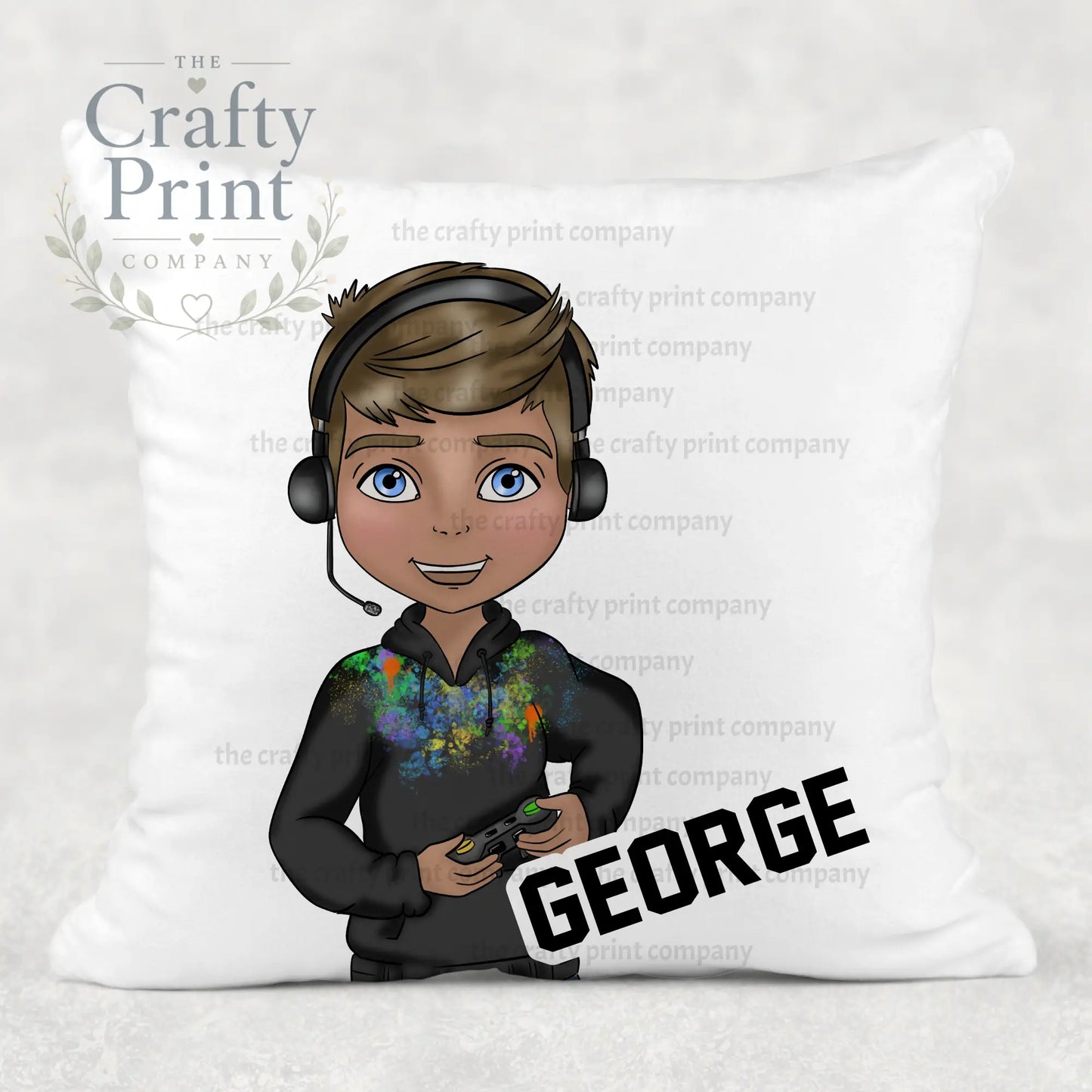 Gamer Boy Black Hoodie Personalised Cushion - Brown Hair