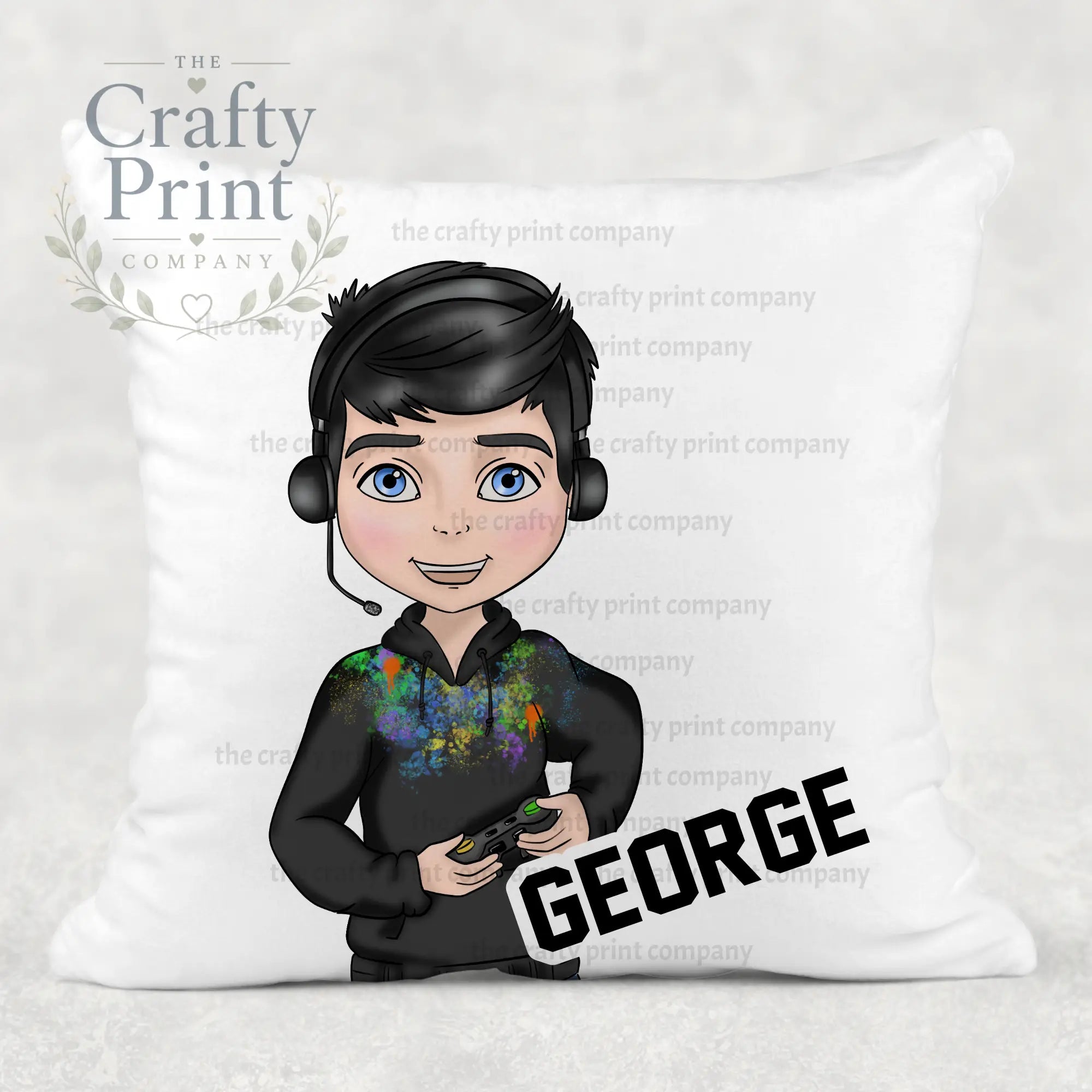 Gamer Boy Black Hoodie Personalised Cushion - Hair / Blue