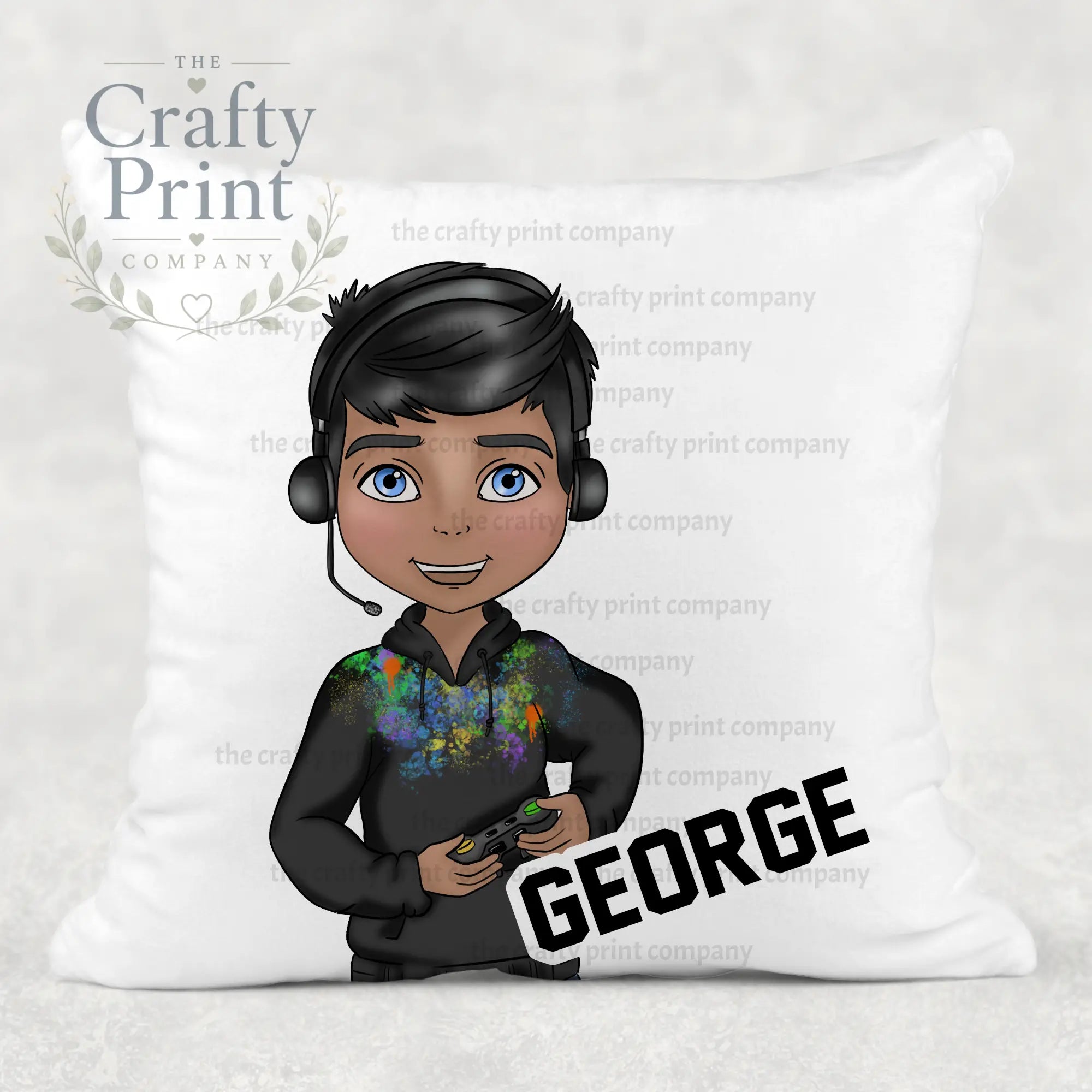 Gamer Boy Black Hoodie Personalised Cushion - Hair Dark
