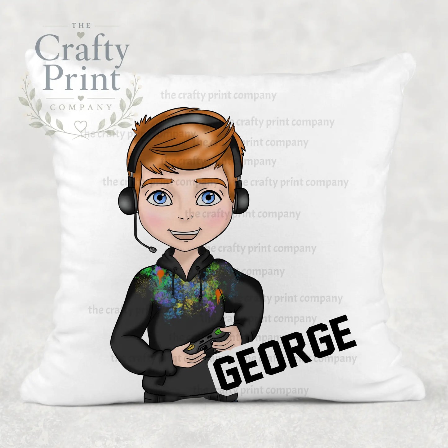 Gamer Boy Black Hoodie Personalised Cushion - Red Hair