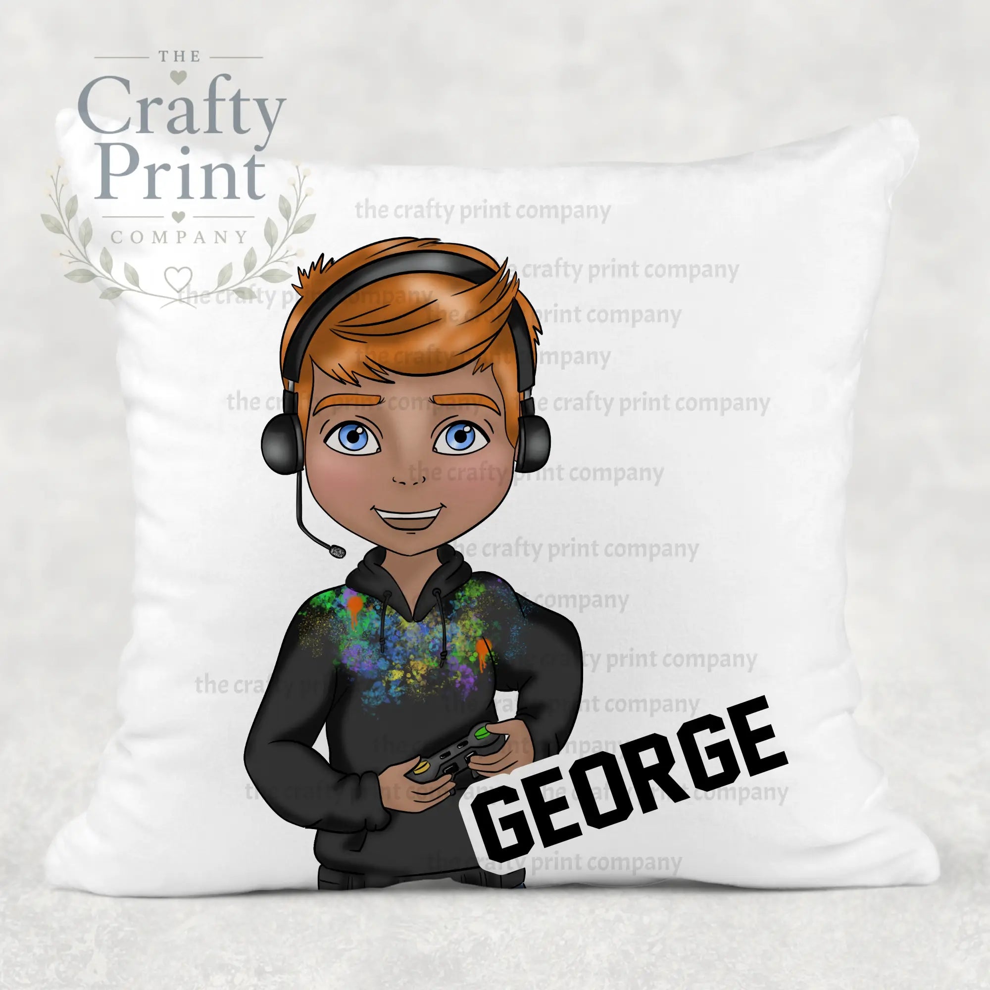 Gamer Boy Black Hoodie Personalised Cushion - Red Hair Dark