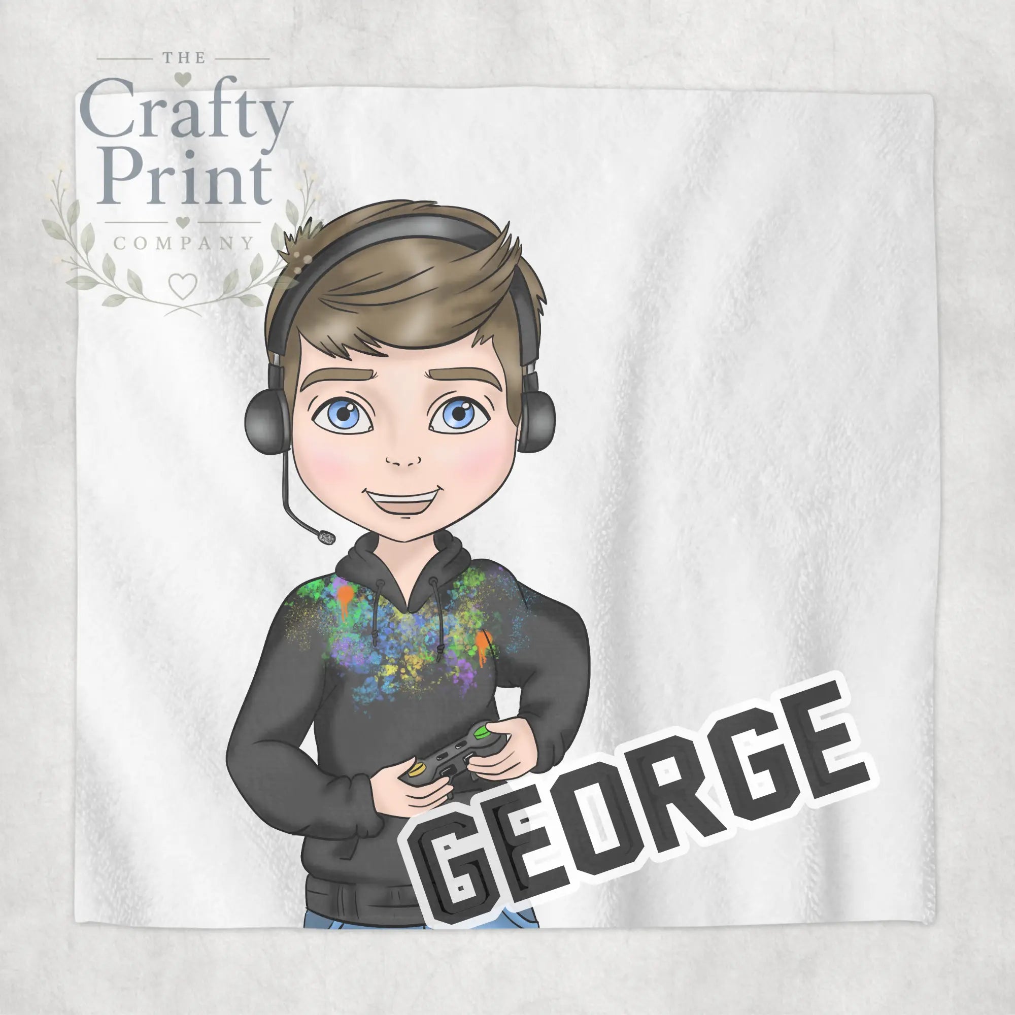 Gamer Boy Black Hoodie Personalised Face Cloth - Brown Hair