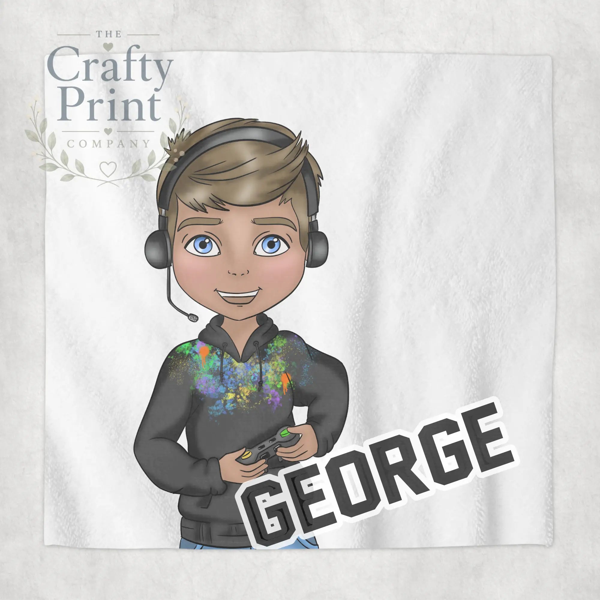 Gamer Boy Black Hoodie Personalised Face Cloth - Brown Hair
