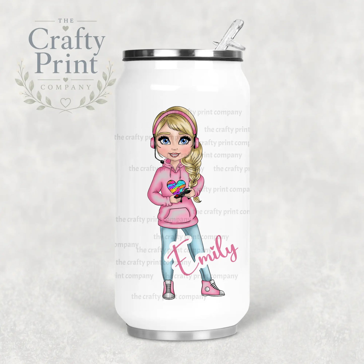 Gamer Girl Pink Personalised Coke Can Bottle with Straw -