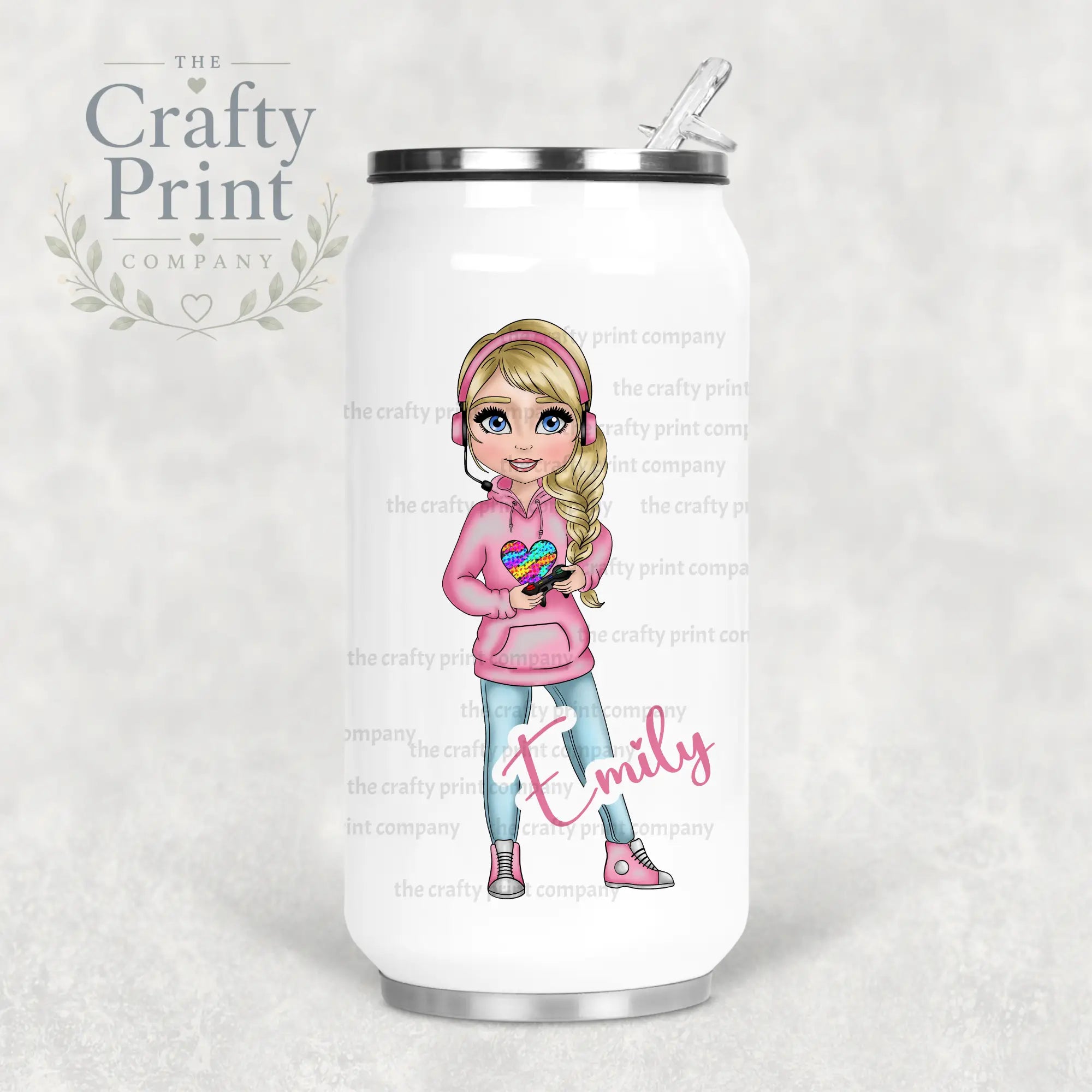 Gamer Girl Pink Personalised Coke Can Bottle with Straw -