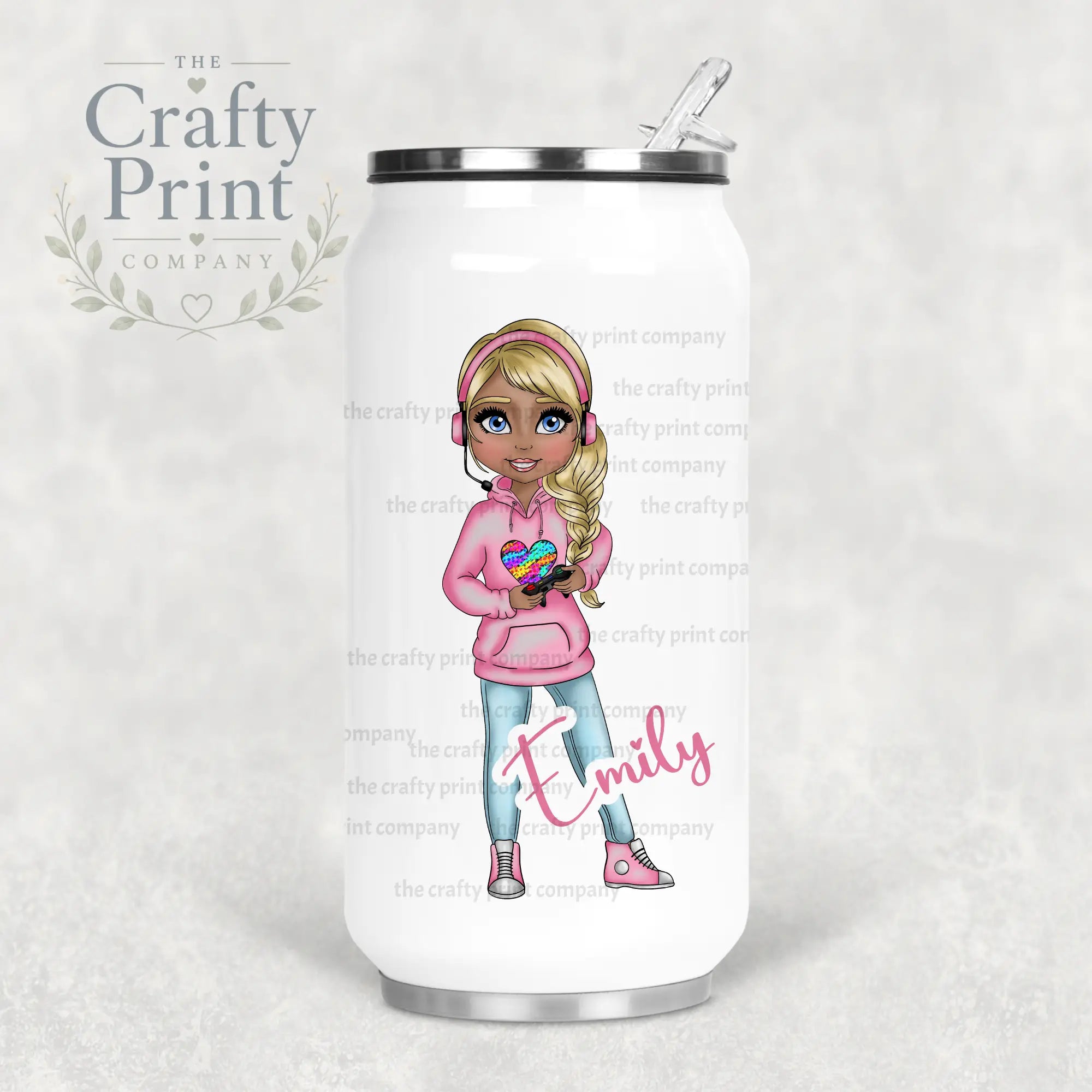 Gamer Girl Pink Personalised Coke Can Bottle with Straw -