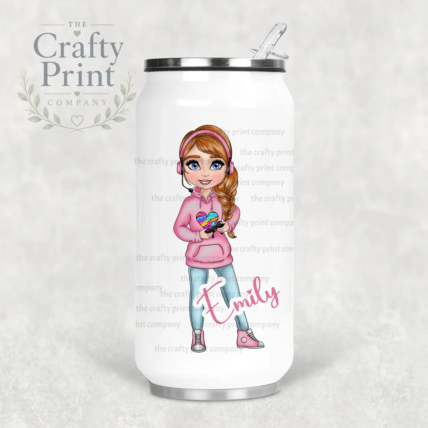 Gamer Girl Pink Personalised Coke Can Bottle with Straw -