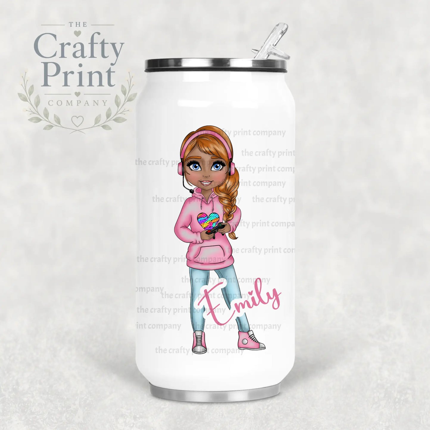Gamer Girl Pink Personalised Coke Can Bottle with Straw -