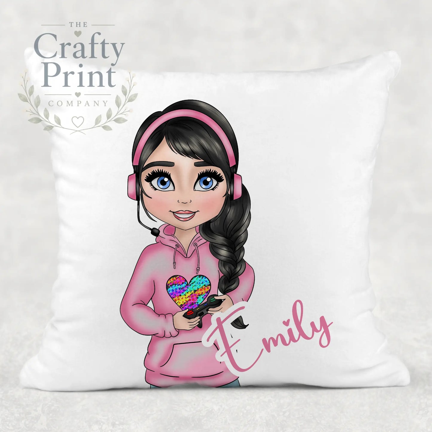 Gamer Girl Pink Personalised Cushion - Black Hair / Blue