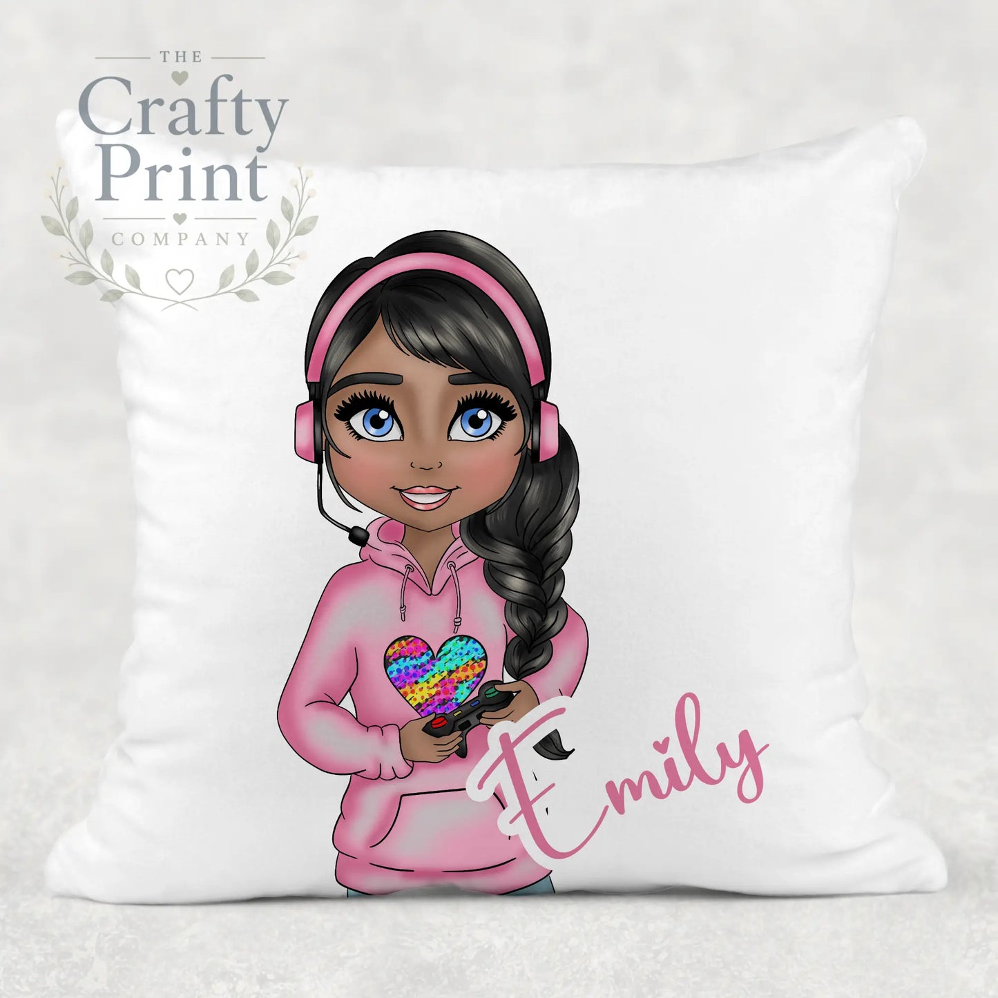 Gamer Girl Pink Personalised Cushion - Black Hair Dark Skin
