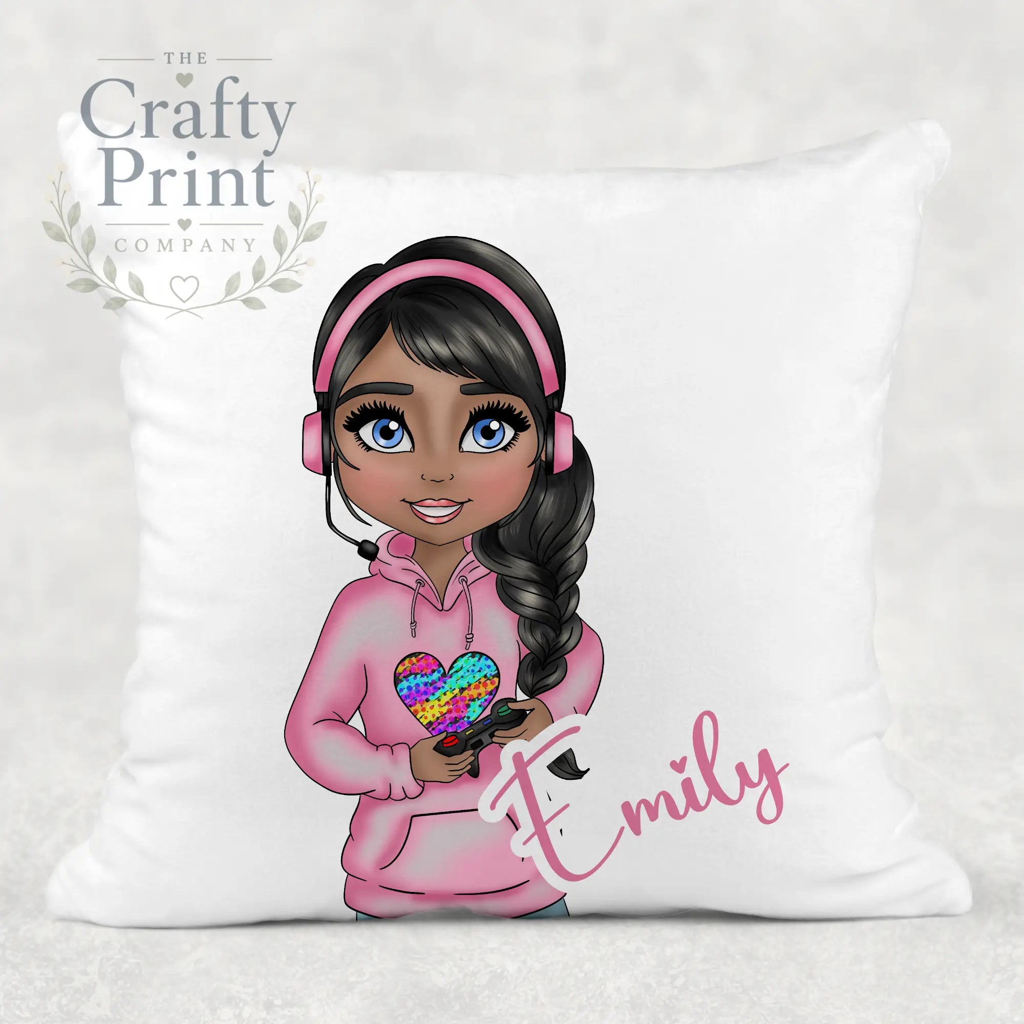 Gamer Girl Pink Personalised Cushion - Black Hair Dark Skin