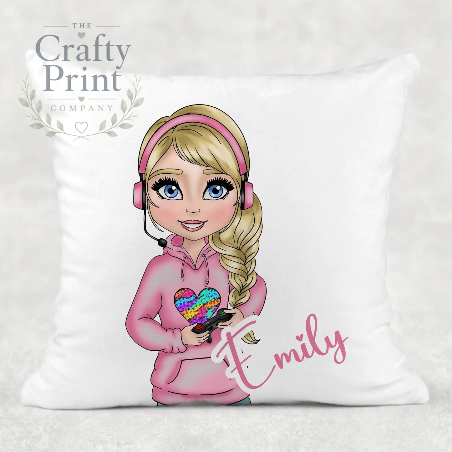 Gamer Girl Pink Personalised Cushion - Blonde Hair / Blue