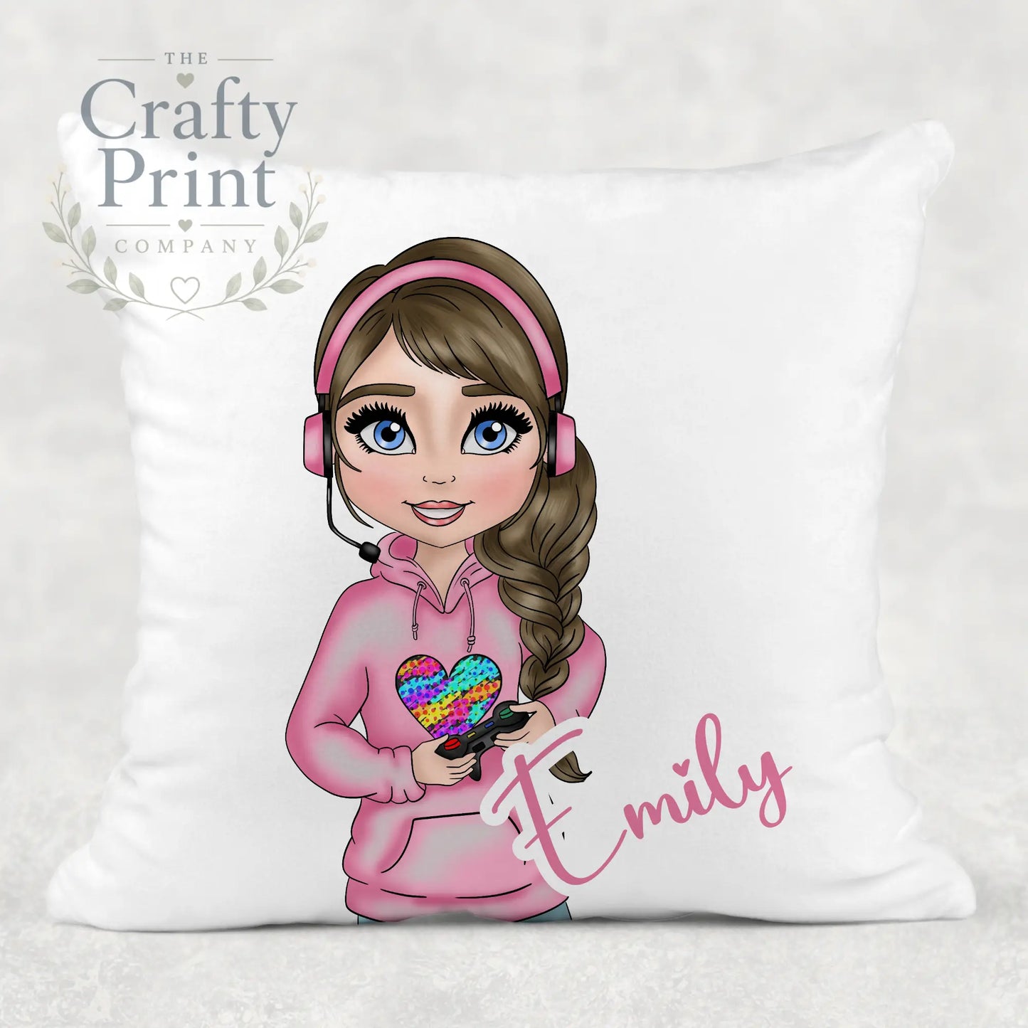 Gamer Girl Pink Personalised Cushion - Brown Hair / Blue