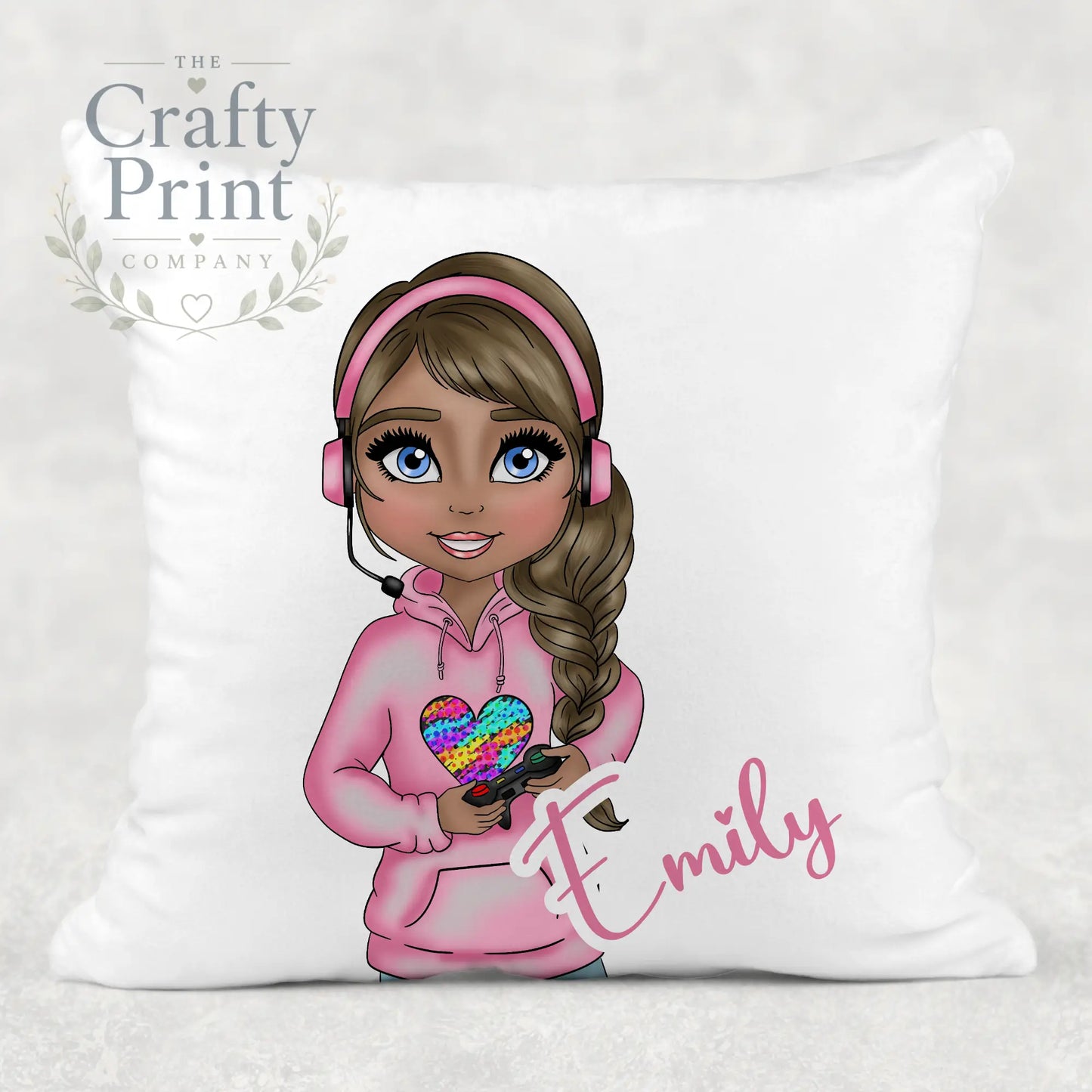 Gamer Girl Pink Personalised Cushion - Brown Hair Dark Skin
