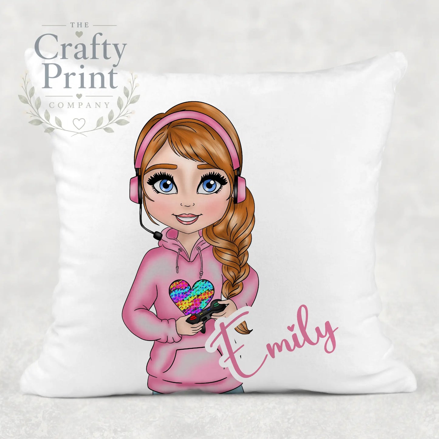 Gamer Girl Pink Personalised Cushion - Red Hair / Blue Eyes