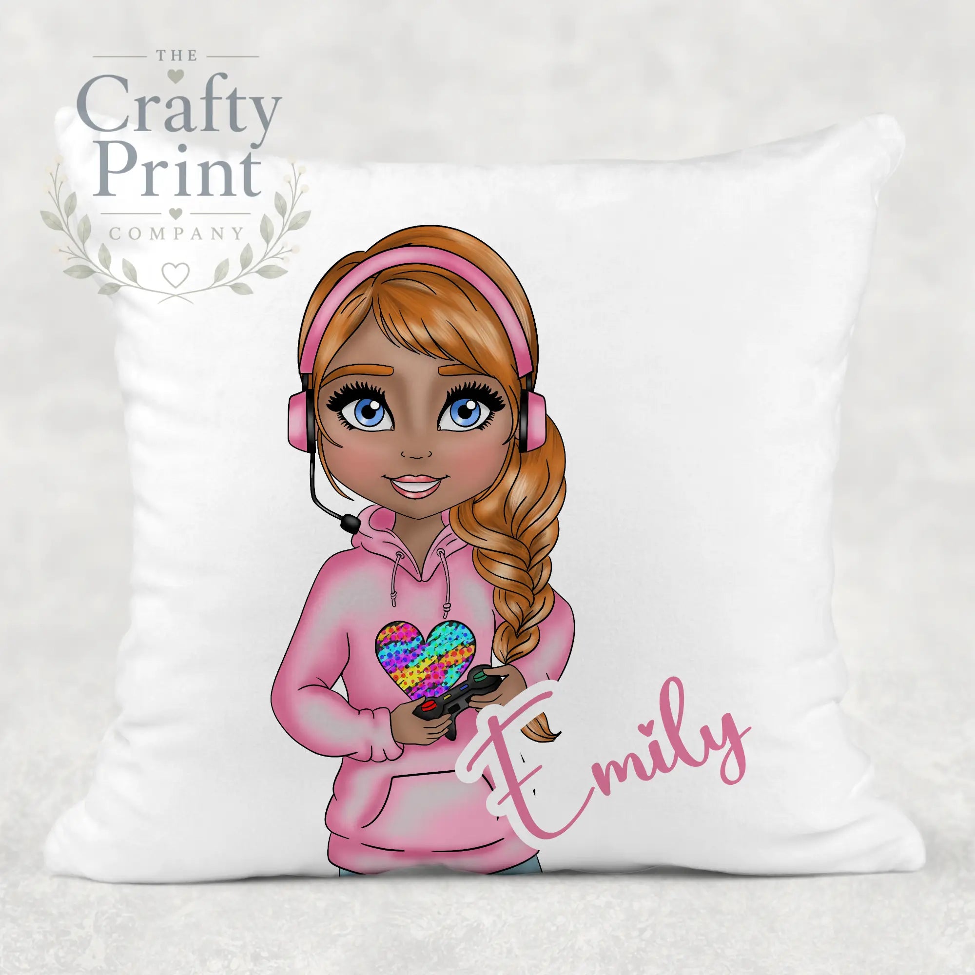 Gamer Girl Pink Personalised Cushion - Red Hair Dark Skin