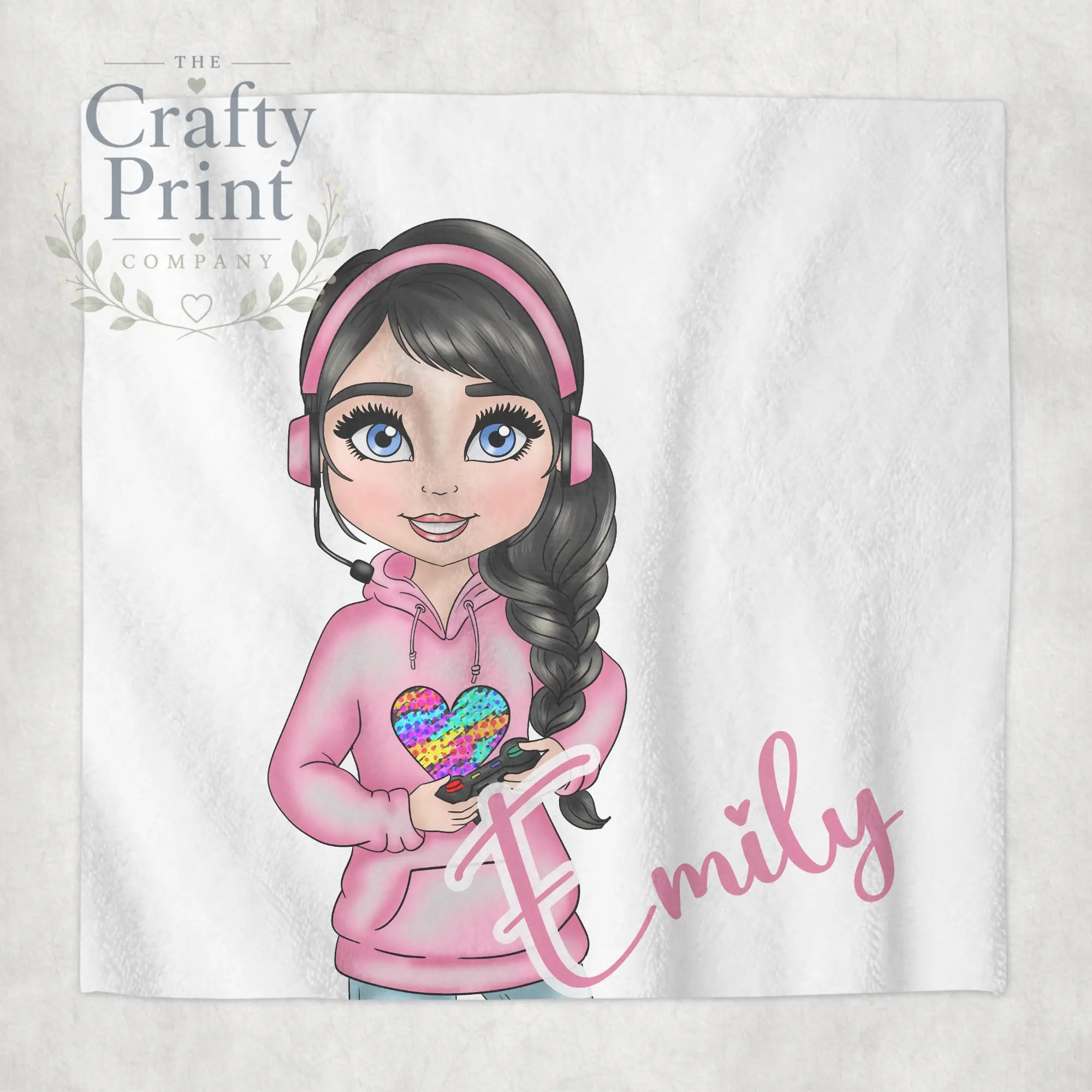 Gamer Girl Pink Personalised Face Cloth - Black Hair / Blue