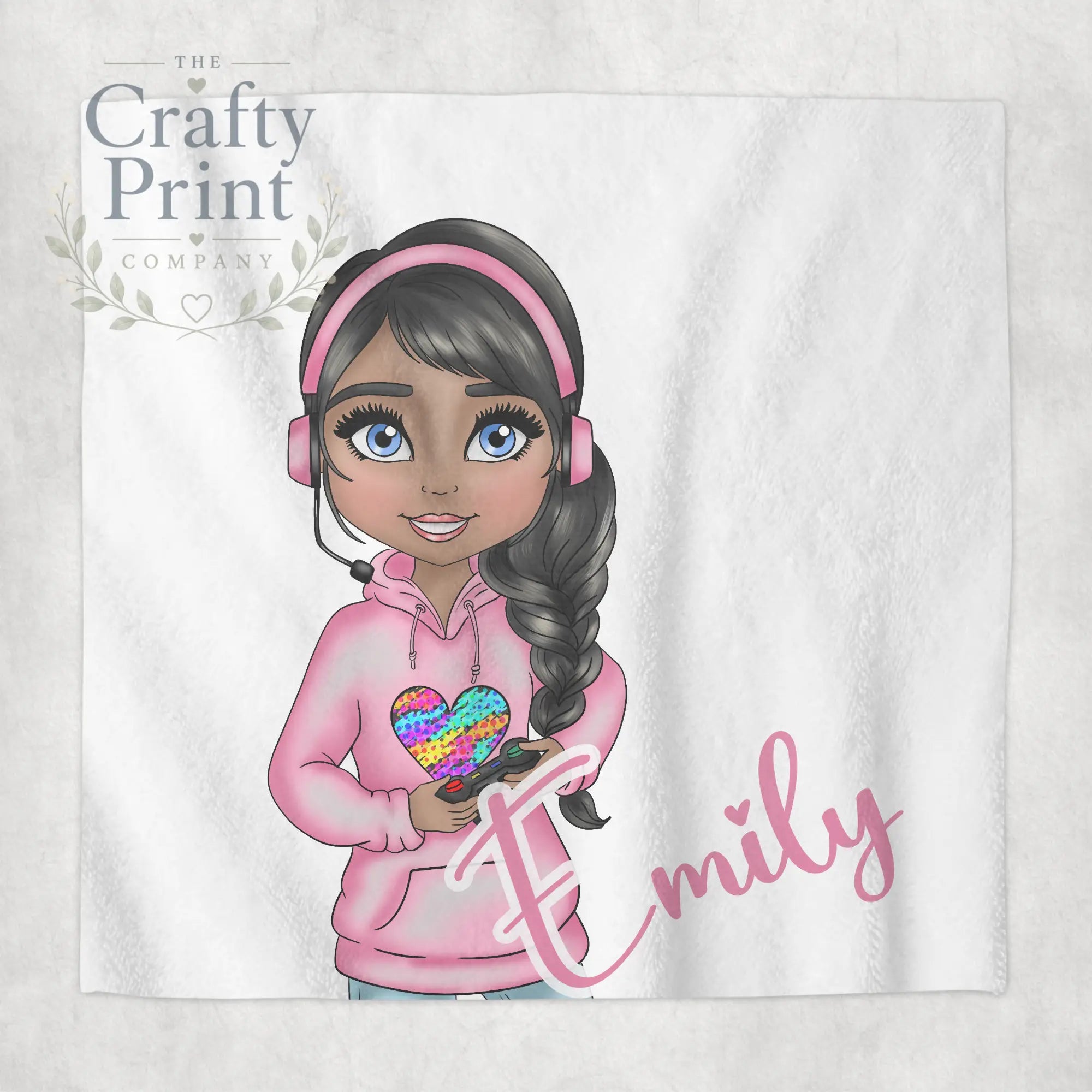 Gamer Girl Pink Personalised Face Cloth - Black Hair Dark