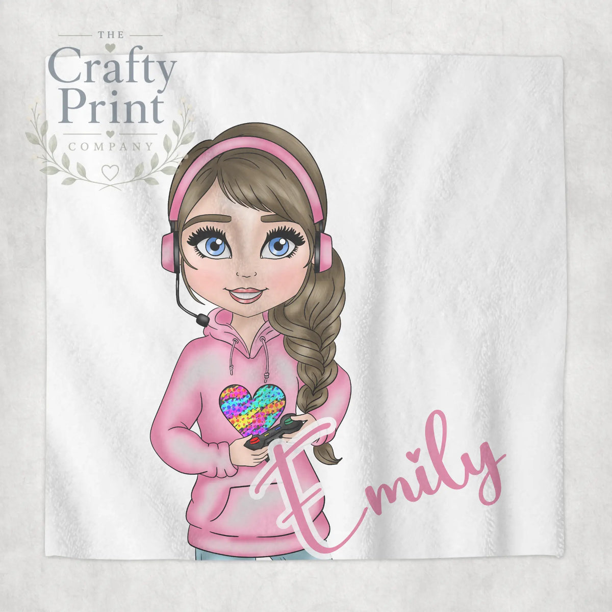 Gamer Girl Pink Personalised Face Cloth - Brown Hair / Blue