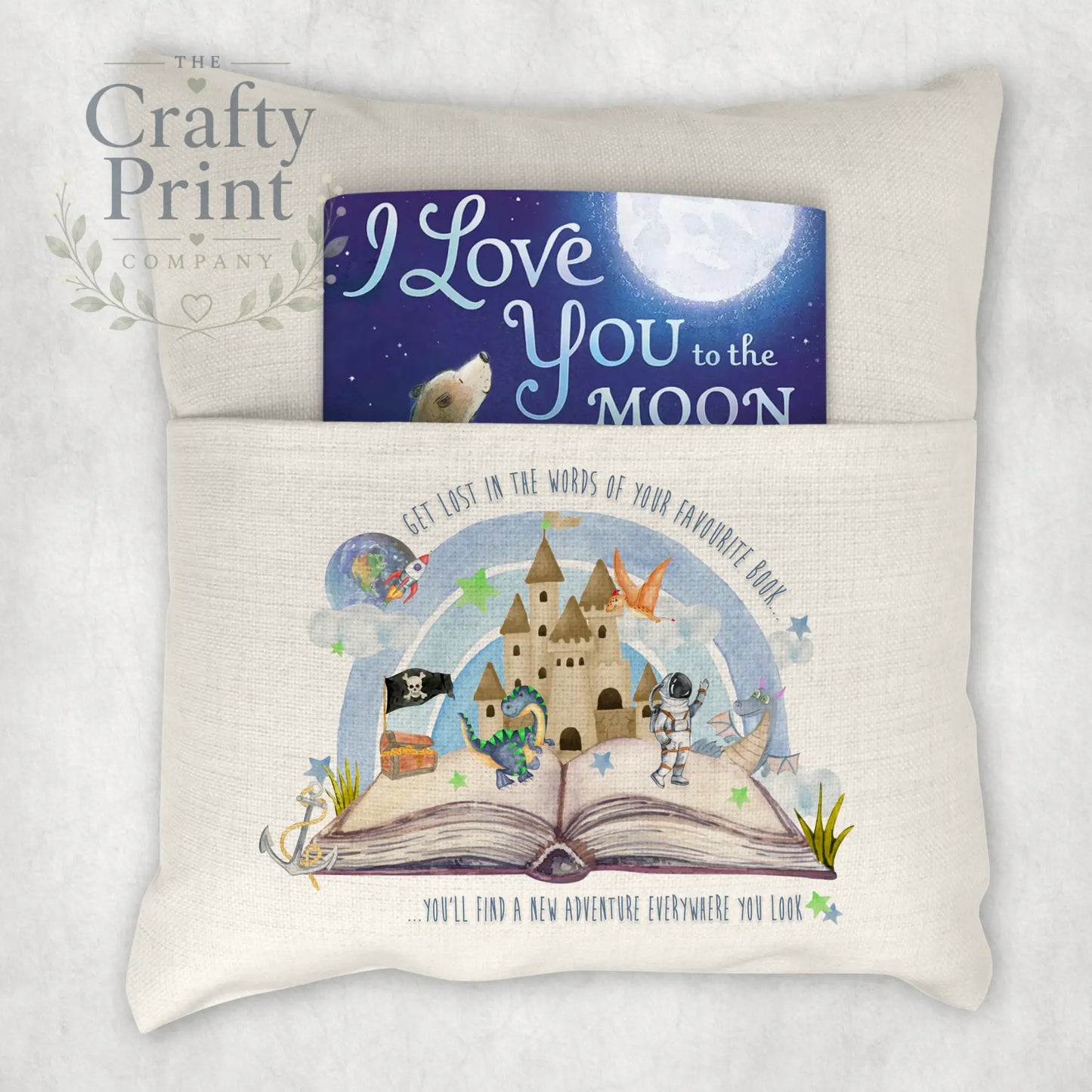 Get Lost in the Words Dinosaur Space Pocket Book Cushion