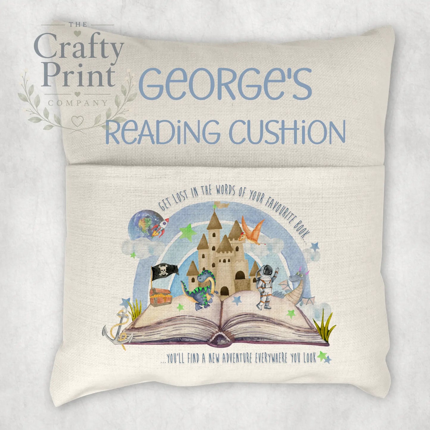 Get Lost in the Words Dinosaur Space Pocket Book Cushion