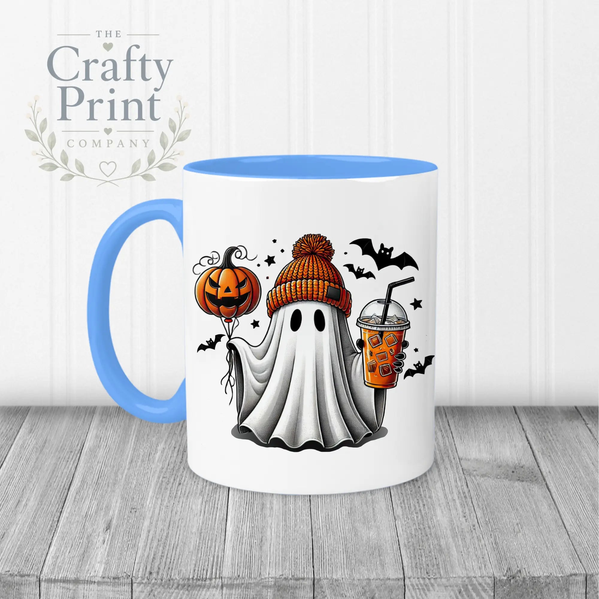 Ghost Pumpkin Halloween Mug - 11oz Ceramic / Blue Handle &