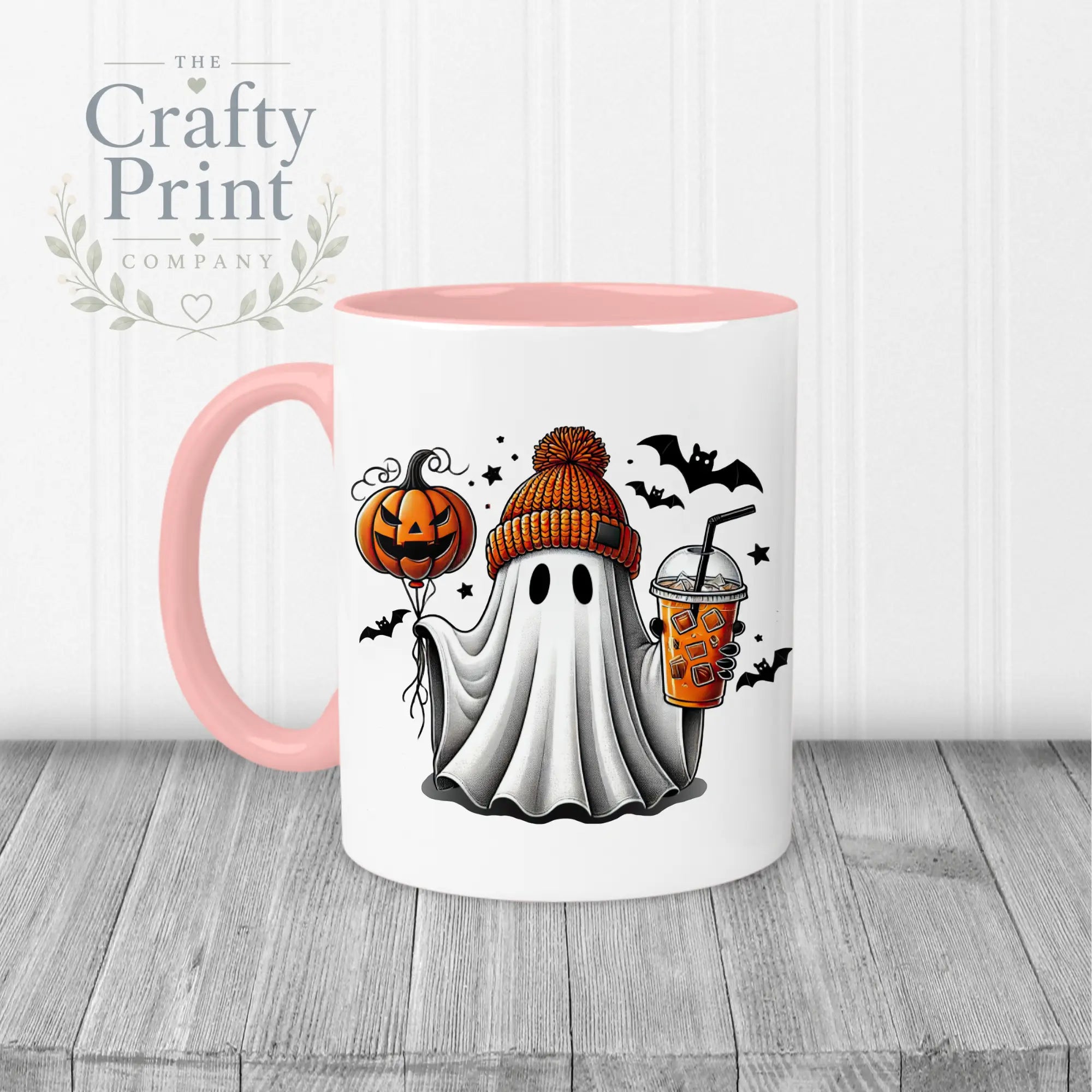 Ghost Pumpkin Halloween Mug - 11oz Ceramic / Pink Handle &