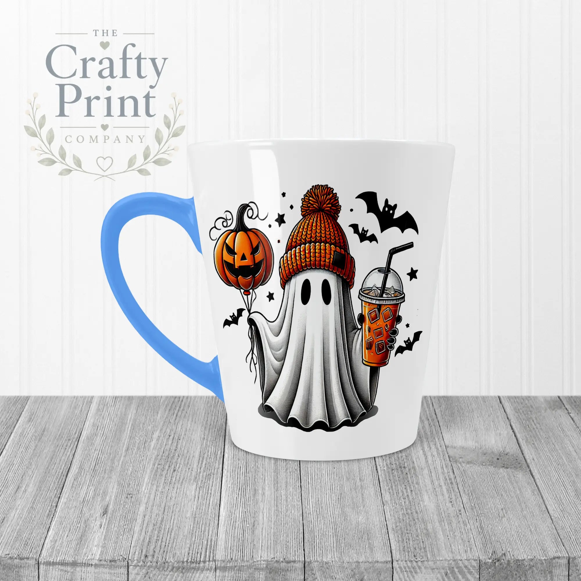 Ghost Pumpkin Halloween Mug - 12oz Latte / Blue Handle &