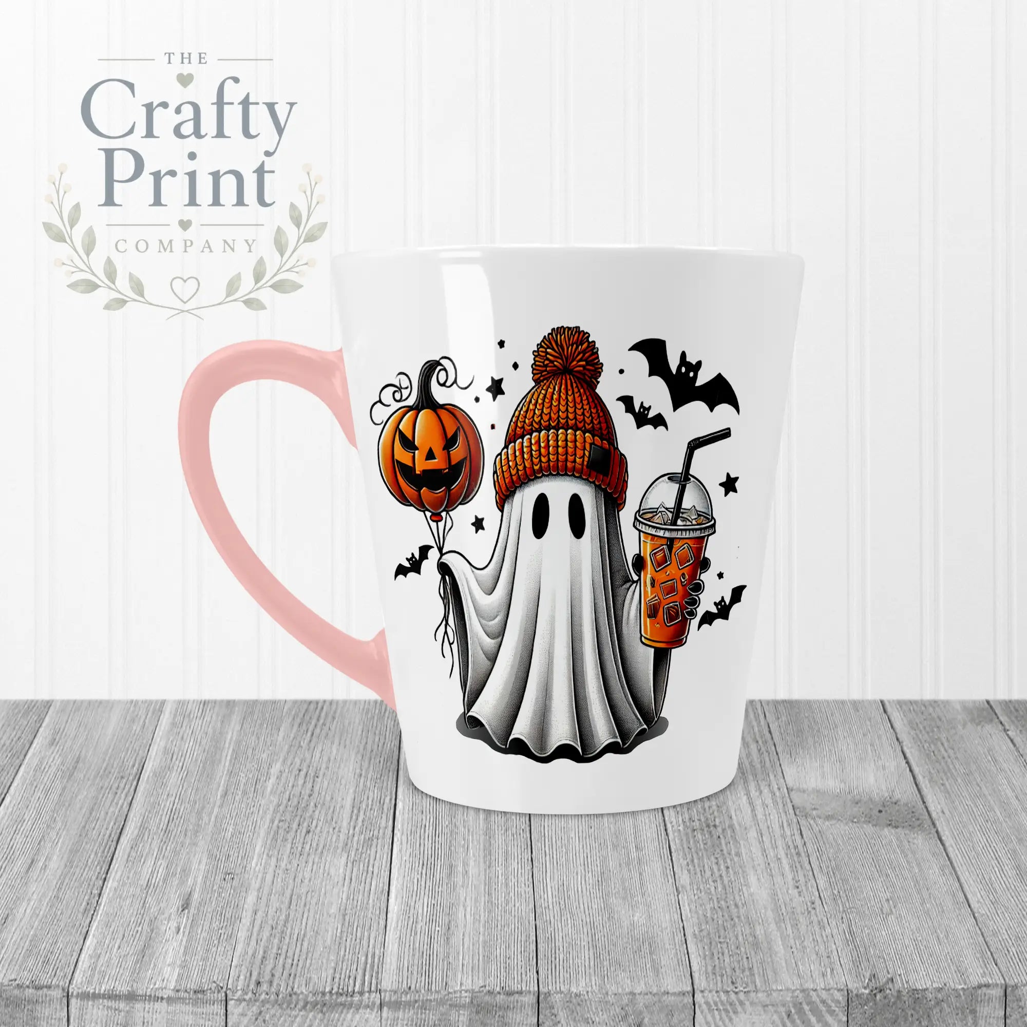 Ghost Pumpkin Halloween Mug - 12oz Latte / Pink Handle &