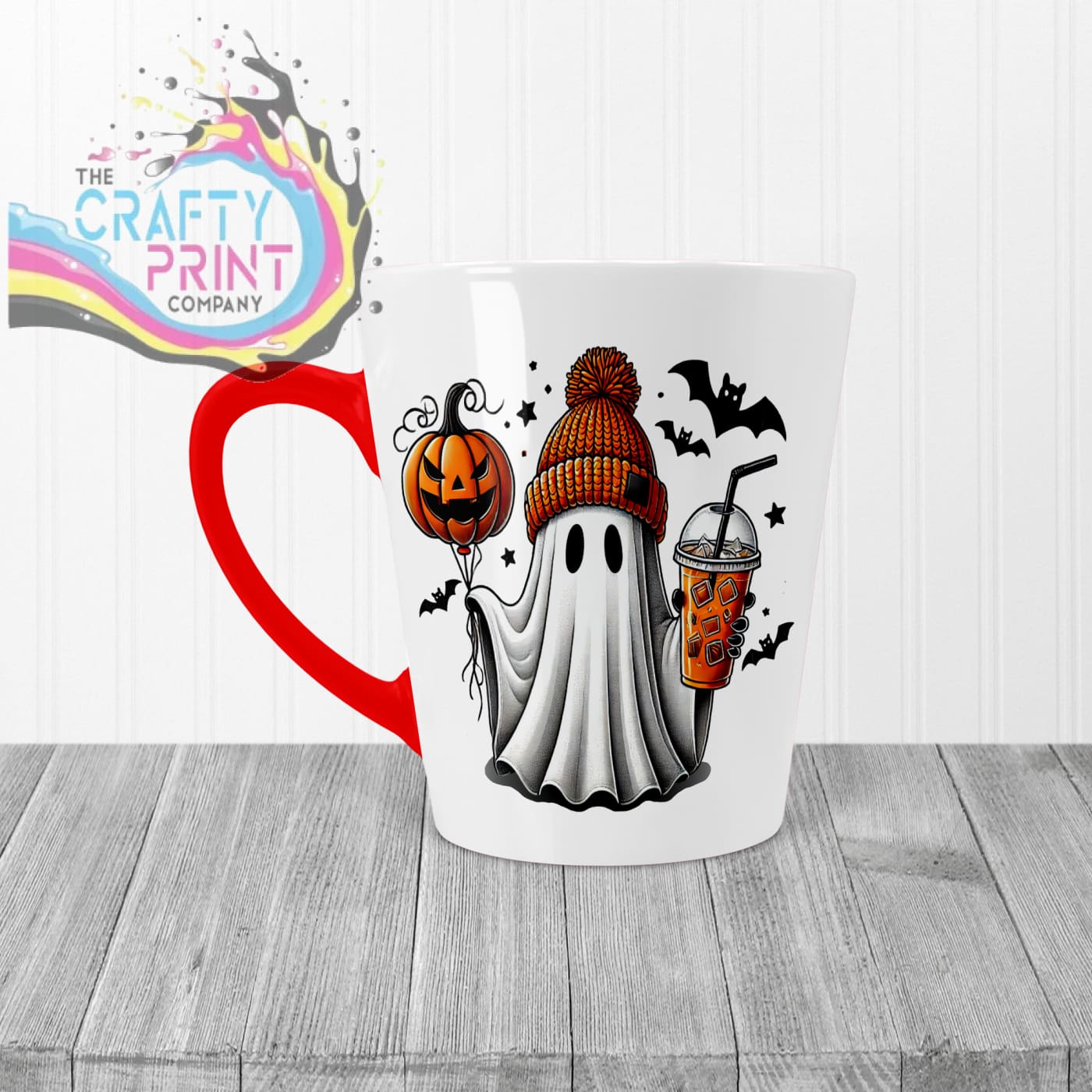 Ghost Pumpkin Halloween Mug - 12oz Latte / Red Handle &