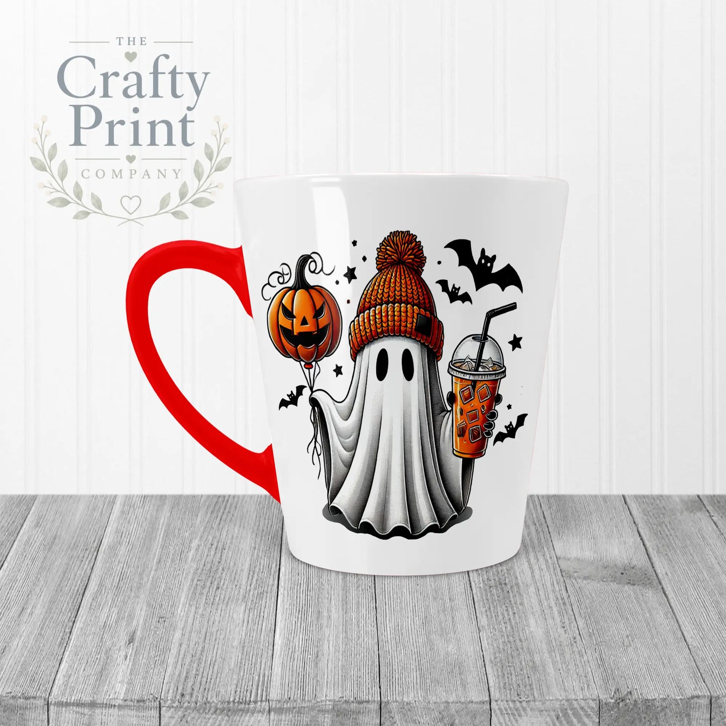 Ghost Pumpkin Halloween Mug - 12oz Latte / Red Handle &