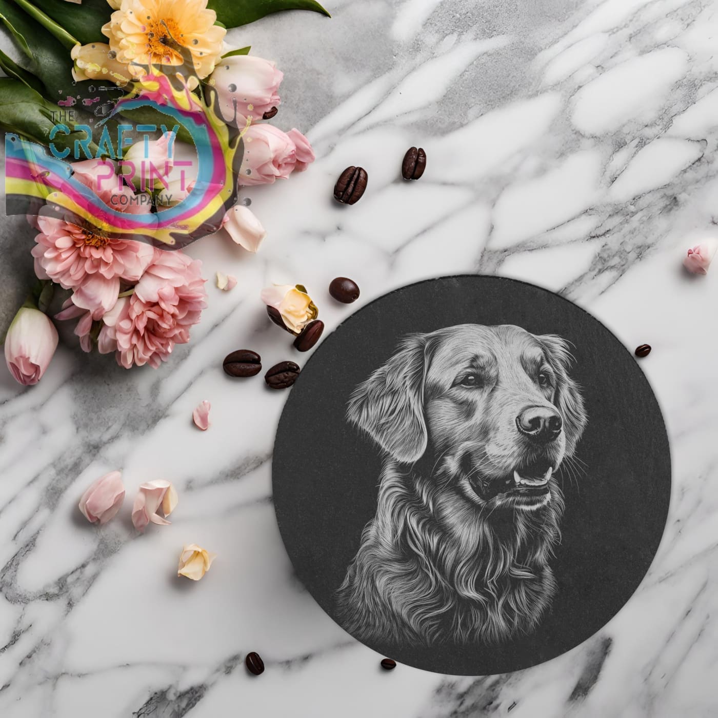 Golden Retriever Engraved Slate Coaster - Round