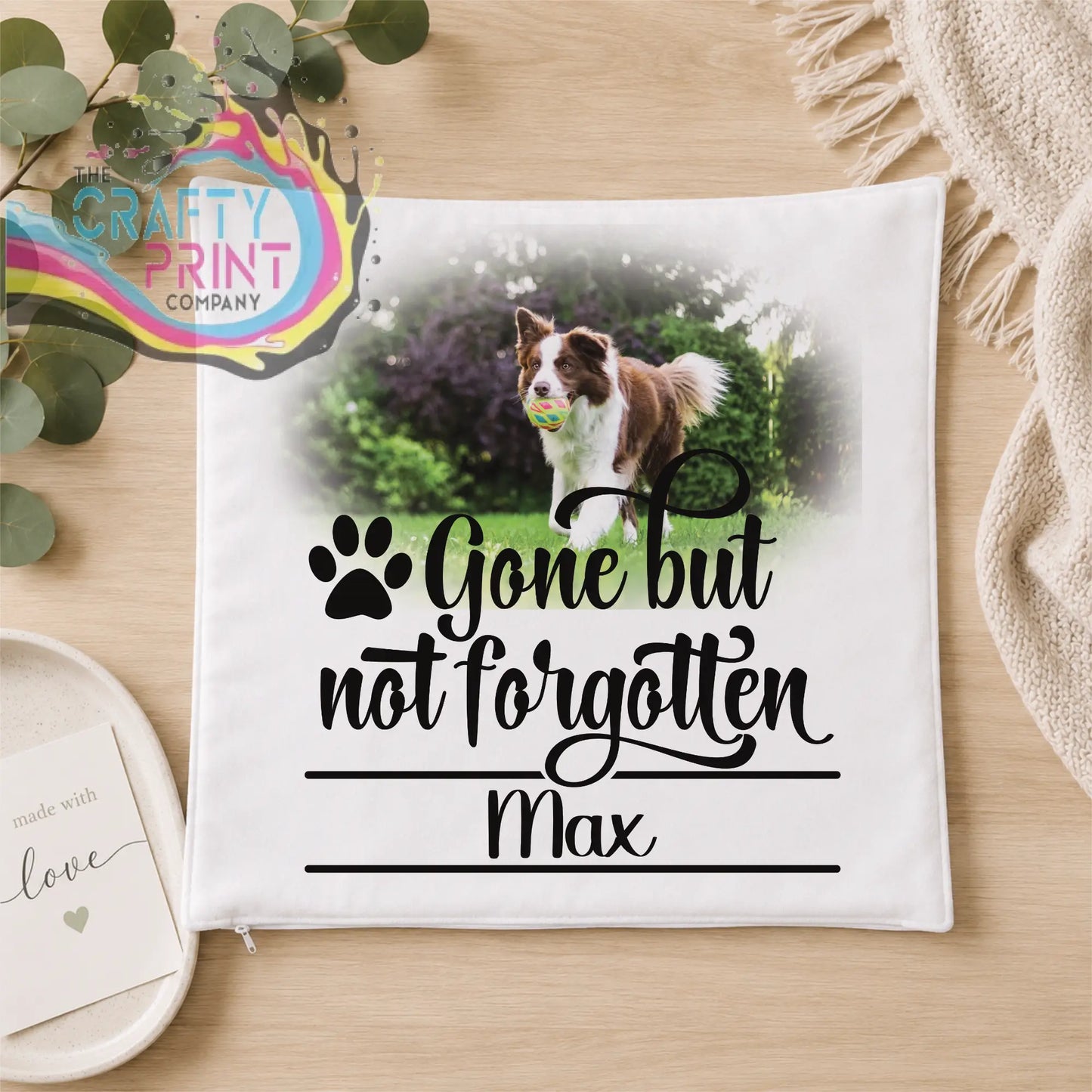 White square personalised cushion cover in premium sublivelvet with max border collie memorial and gone but not forgotten text